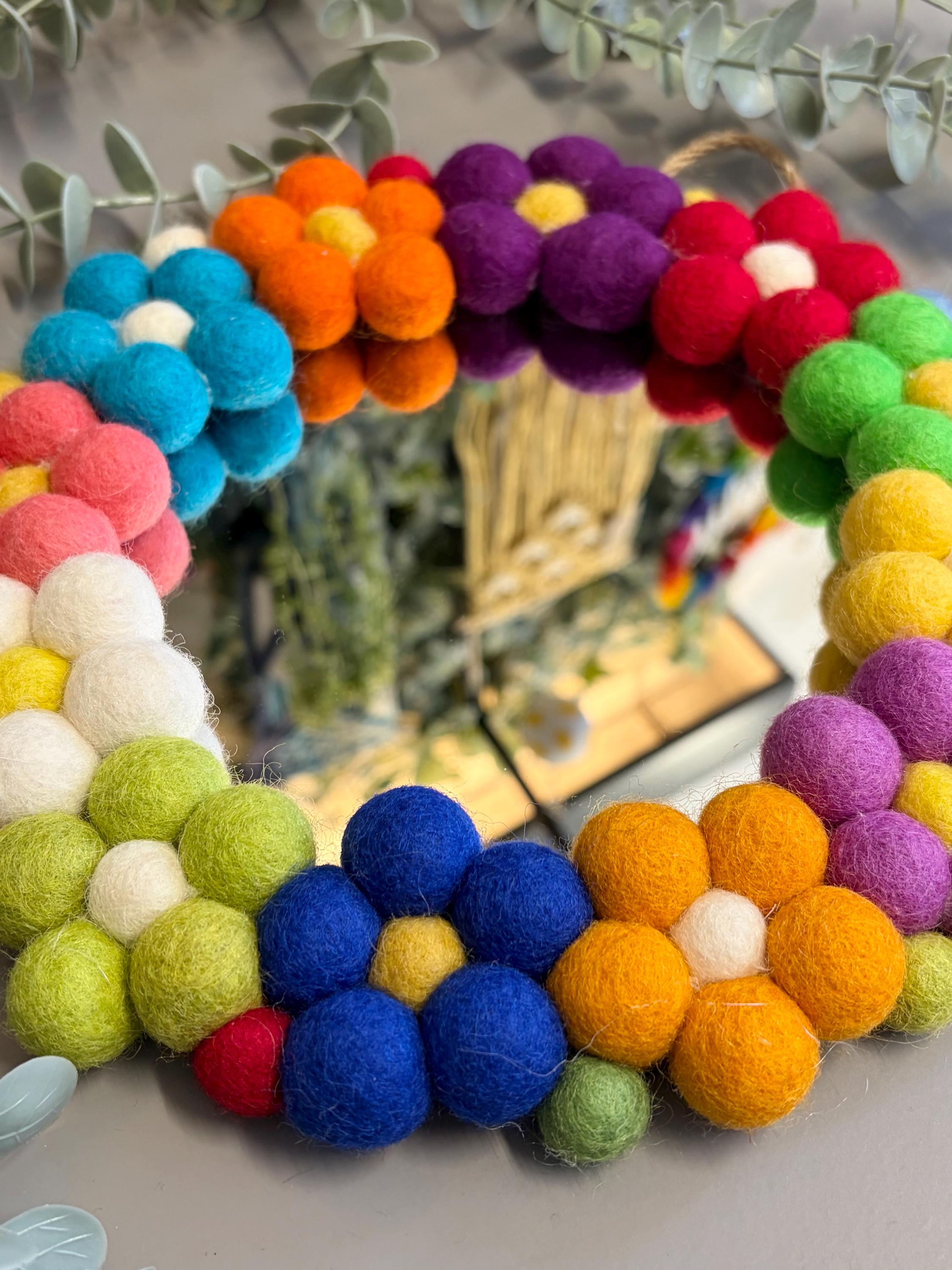 Pom Pom flower Wall Mirror, Wool Felt rainbow Pom Poms, Nursery Decor, circular mirror.