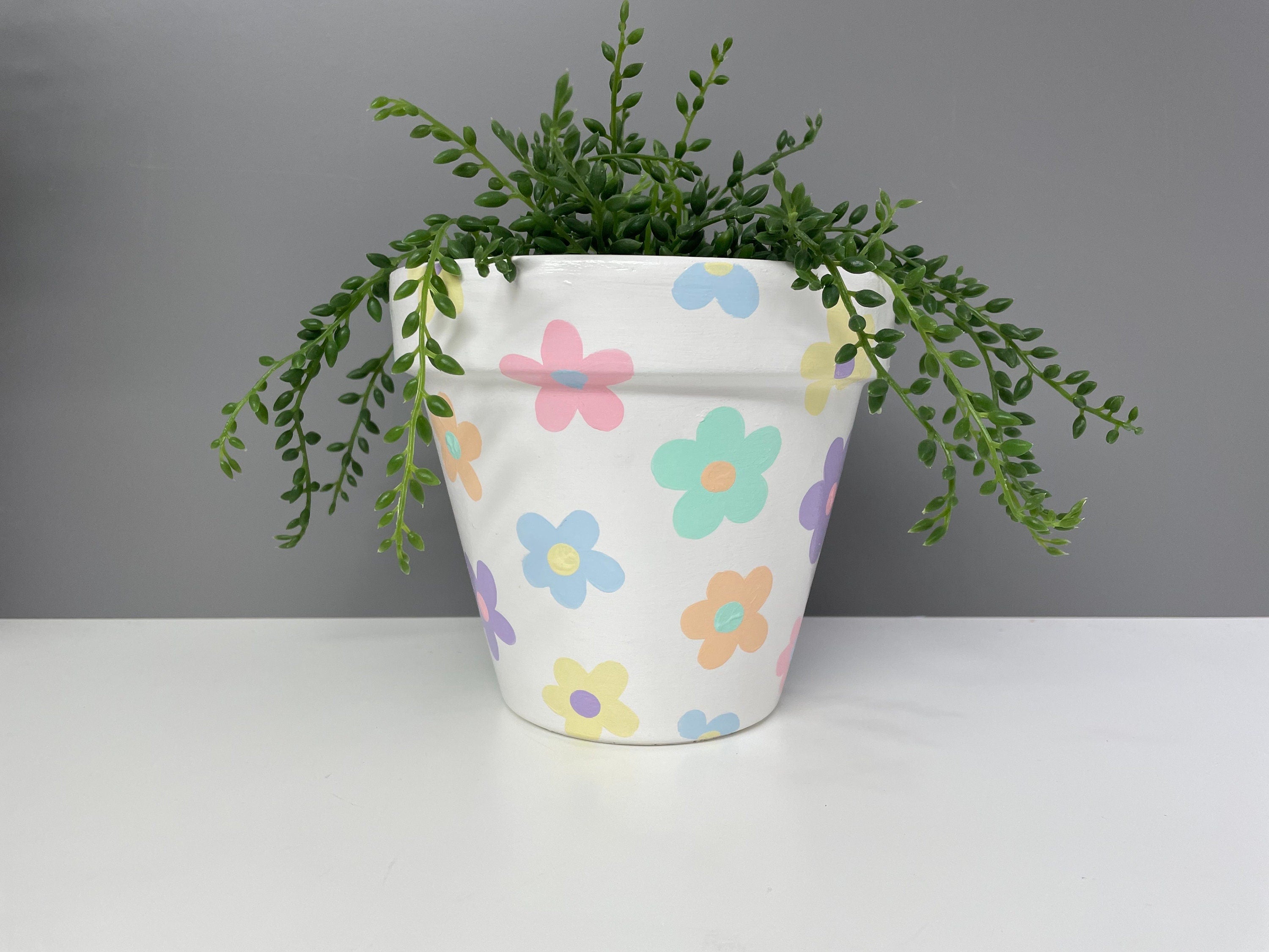 Handpainted terracotta plant pot for house plants, pastel coloured flowers.