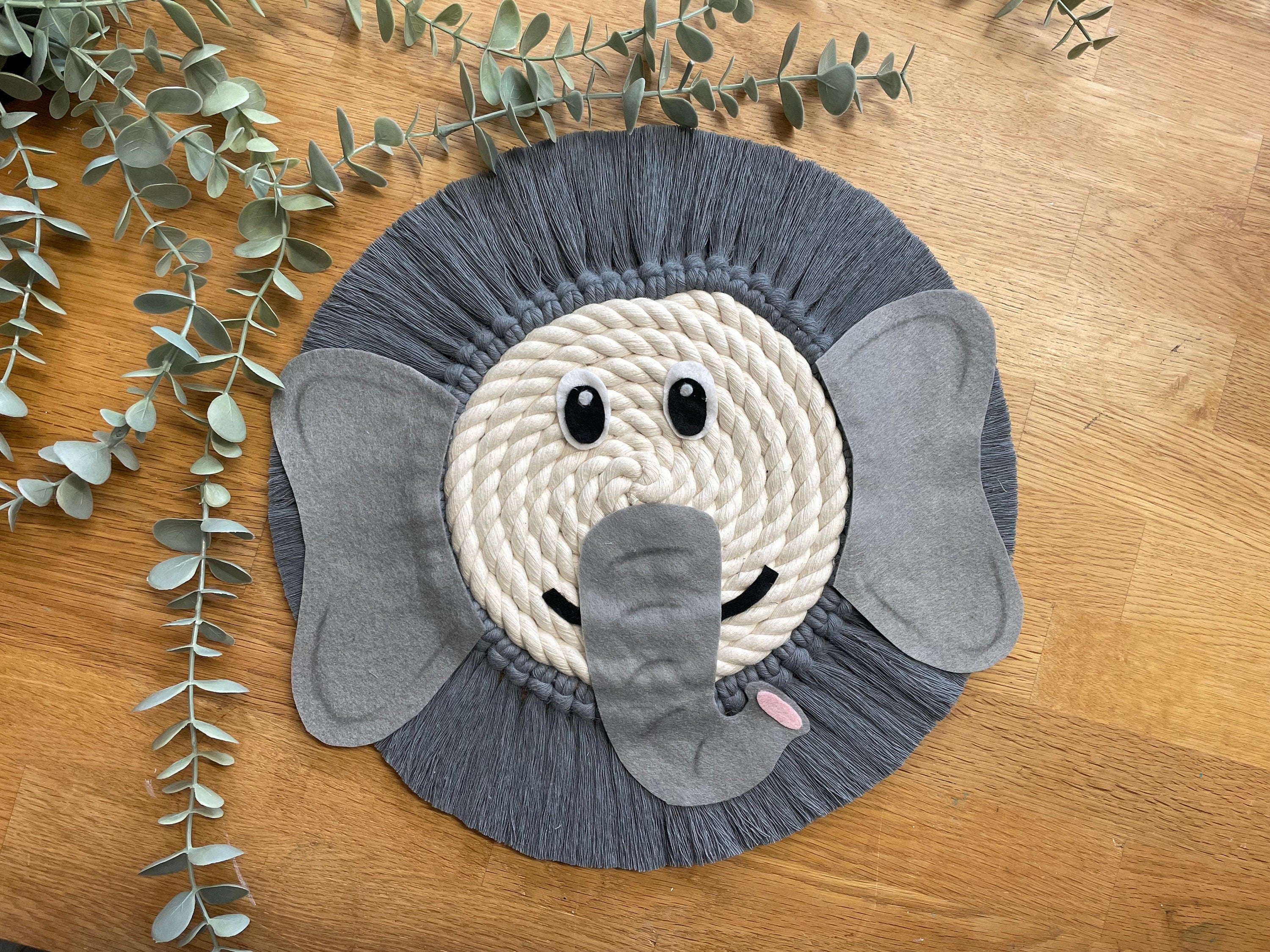 Elephant macrame rope face, jungle theme decor, nursery decor, childrens bedroom, playroom, wall hanging