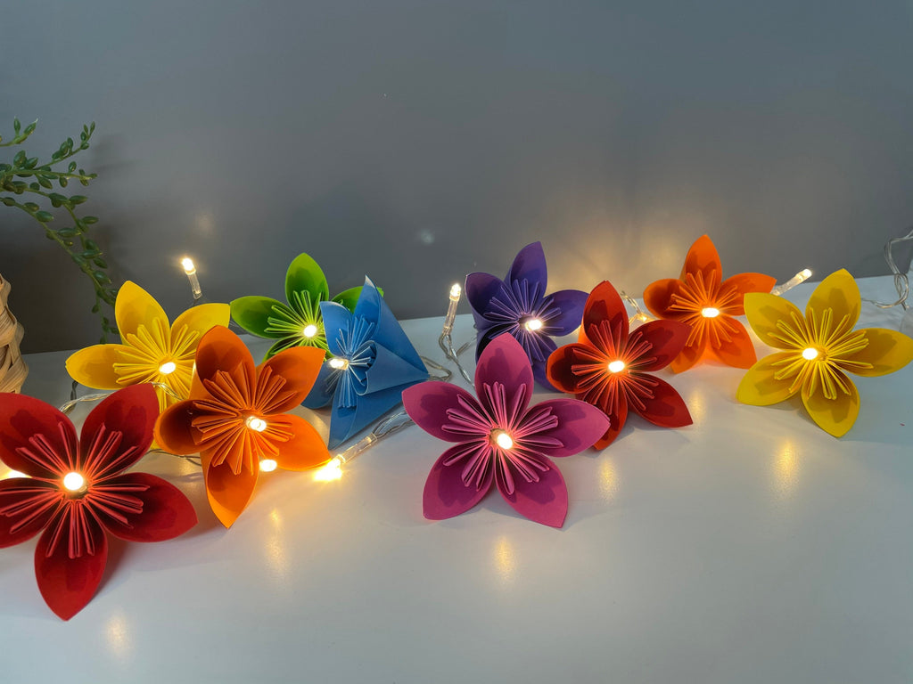 Bright rainbow paper flower fairy light, table decor, fire-mantle fairy lights, wedding decor, table decor, party