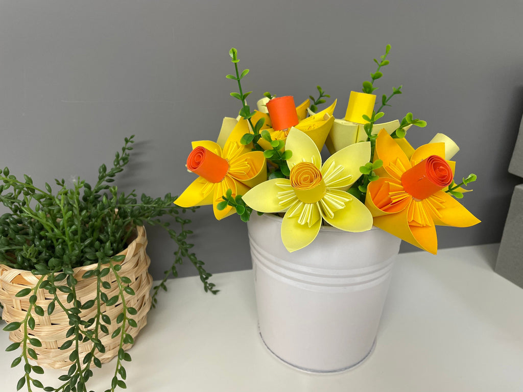 Paper Daffodils in white metal bucket, Floral table decor, everlasting flowers, Easter, Spring decor.