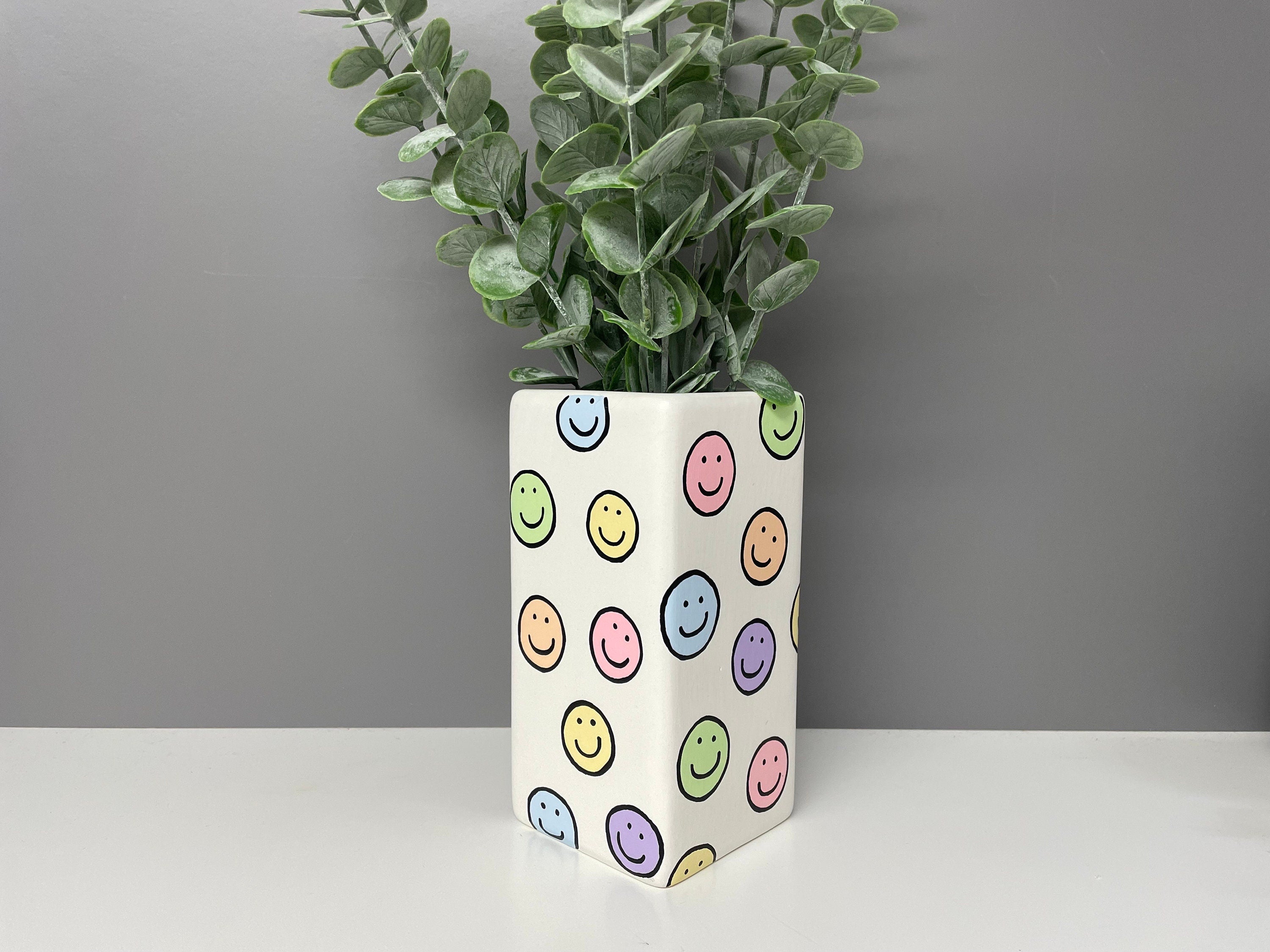 Smiley Face hand painted pastel coloured ceramic vase