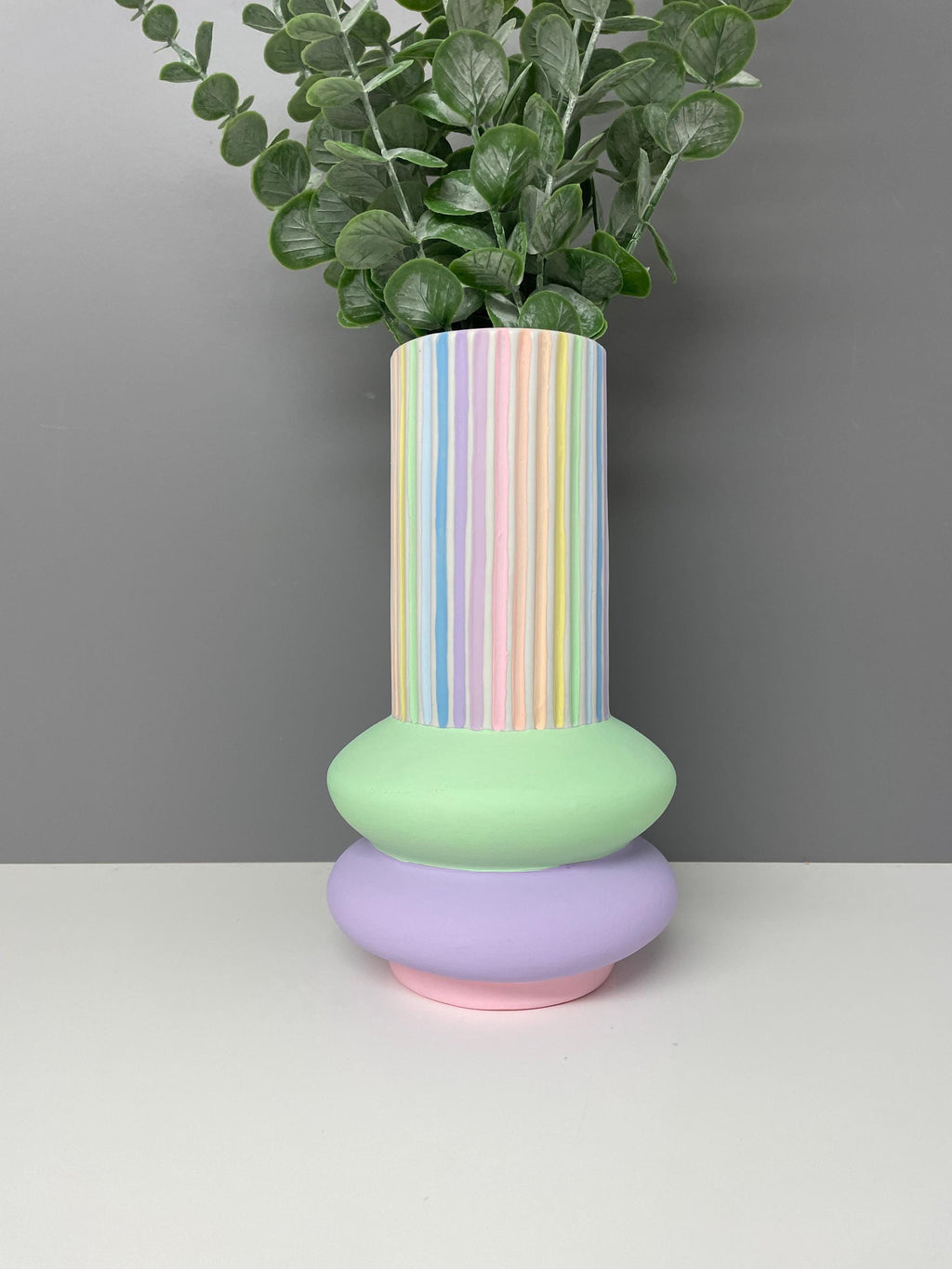 Handpainted Ceramic Vase: Pastel Rainbow Stripe Flower Vase