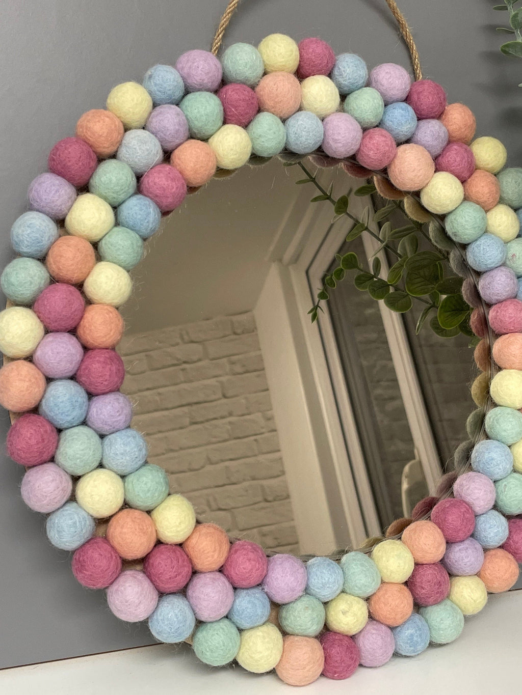 Medium Circular Hanging Pom pom mirror, pastel rainbow Pom Poms, playroom, nursery decor