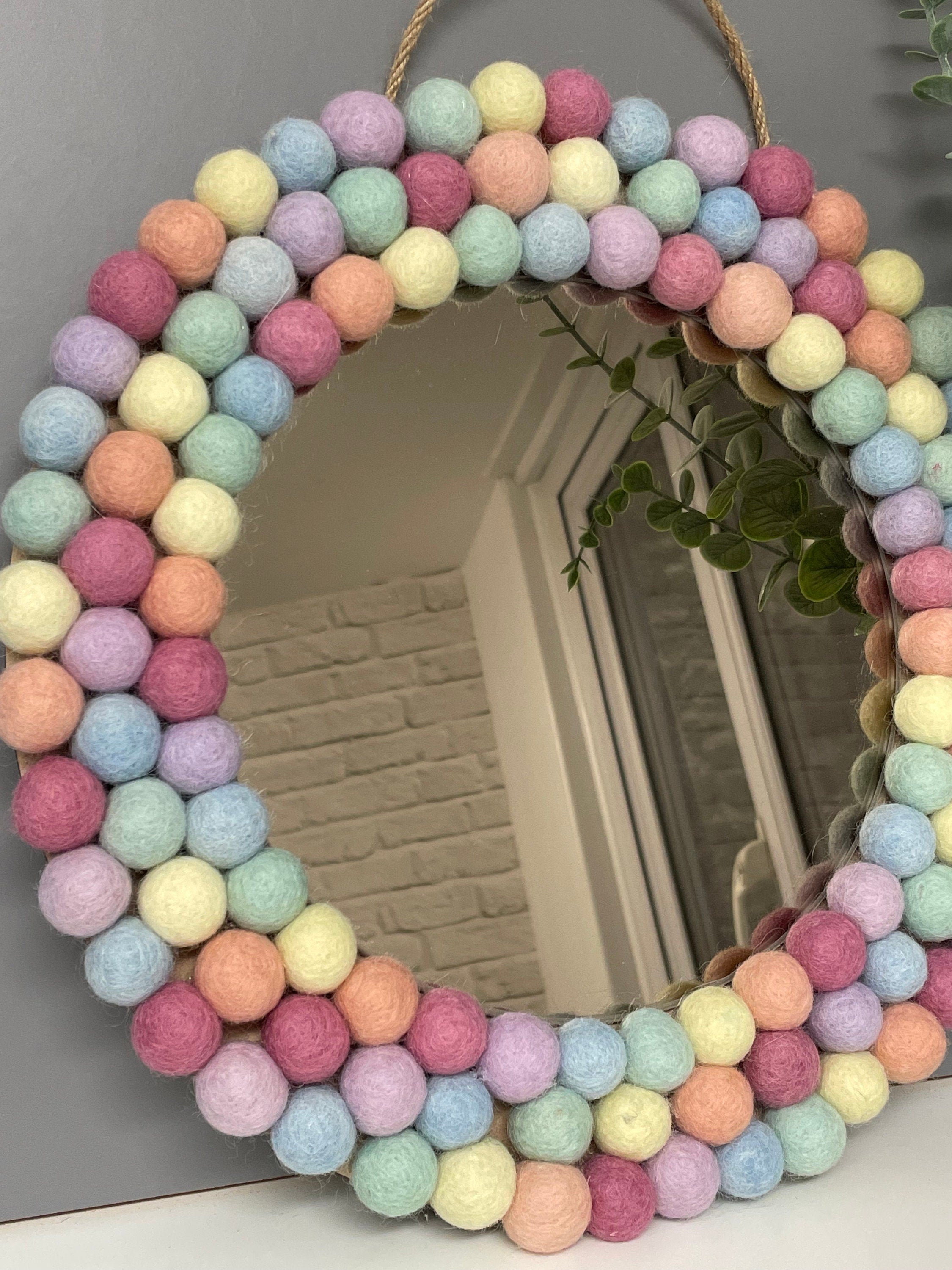 Medium Circular Hanging Pom pom mirror, pastel rainbow Pom Poms, playroom, nursery decor