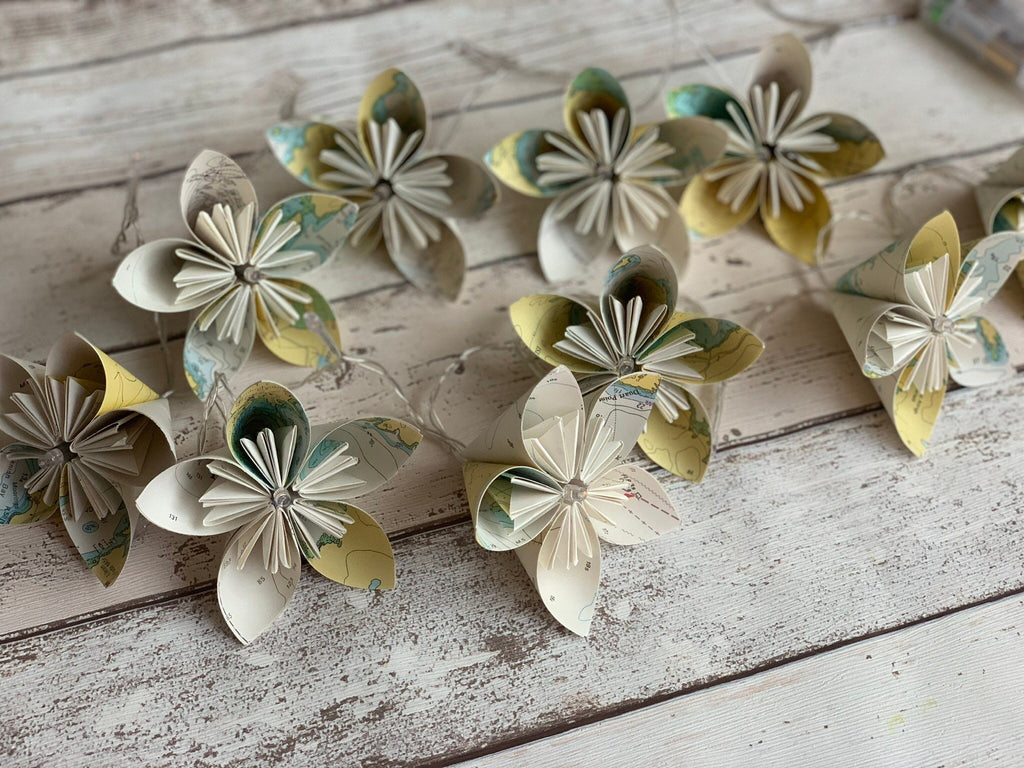 Sea chart paper flower fairy lights, recycled sea charts.