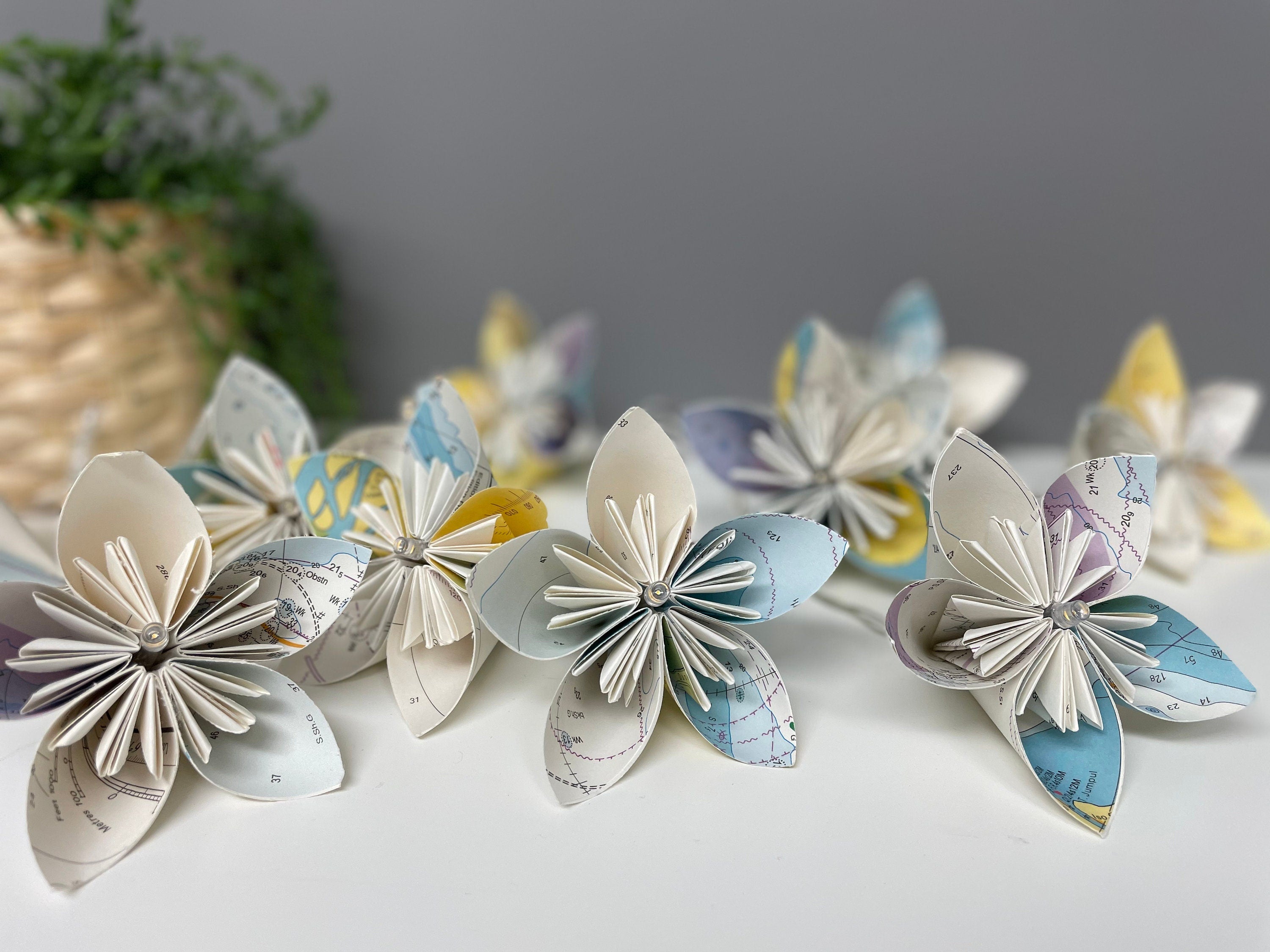 Sea chart paper flower fairy lights, recycled sea charts.