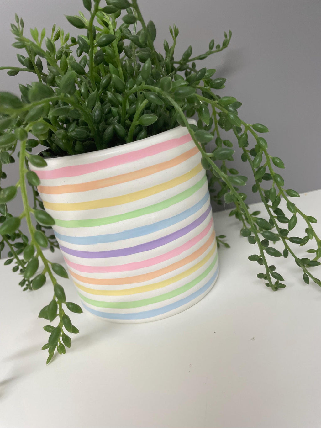 Hand Painted Ceramic Plant Pot, Pastel Rainbow Stripe Design.