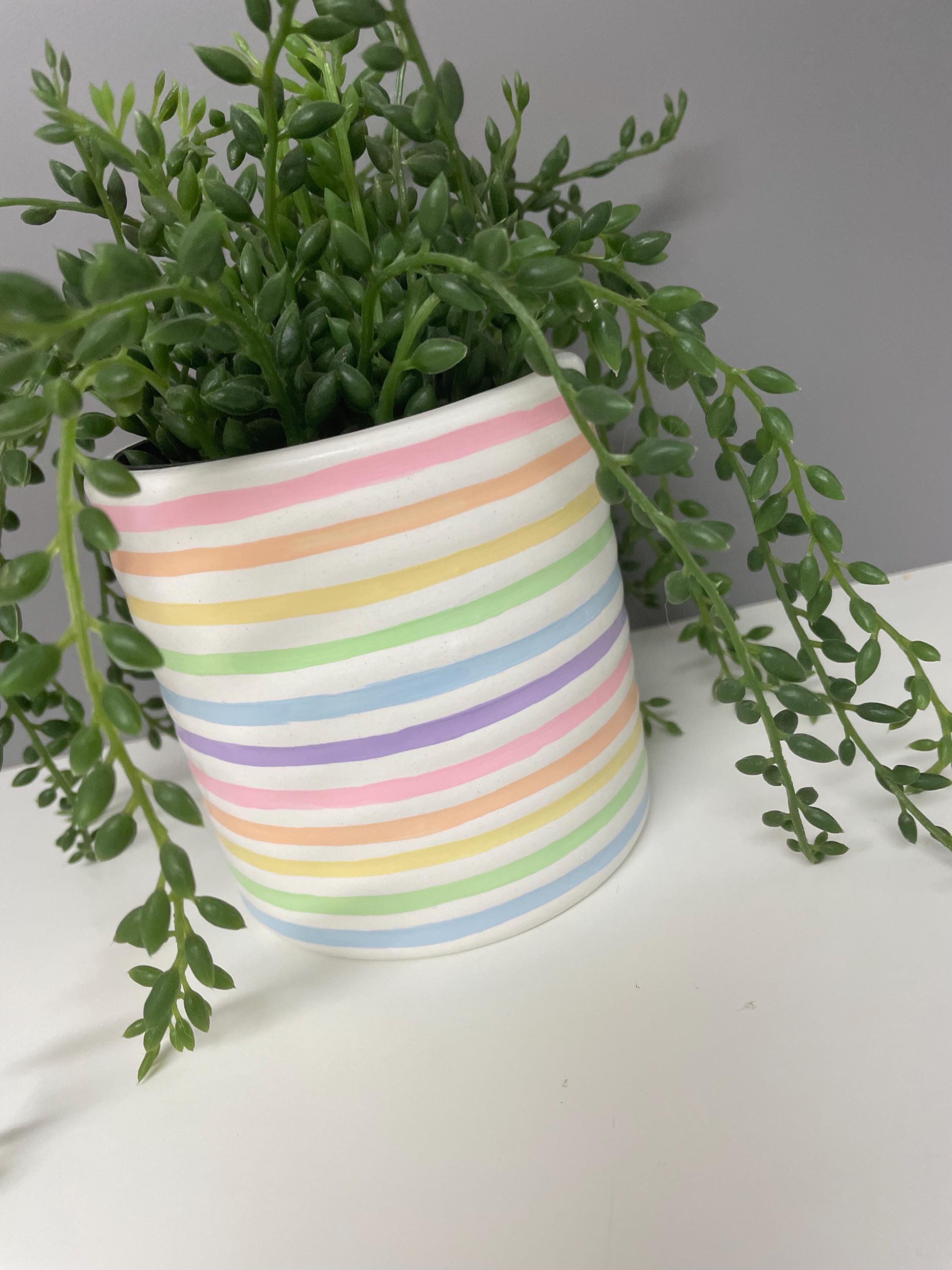 Hand Painted Ceramic Plant Pot, Pastel Rainbow Stripe Design.