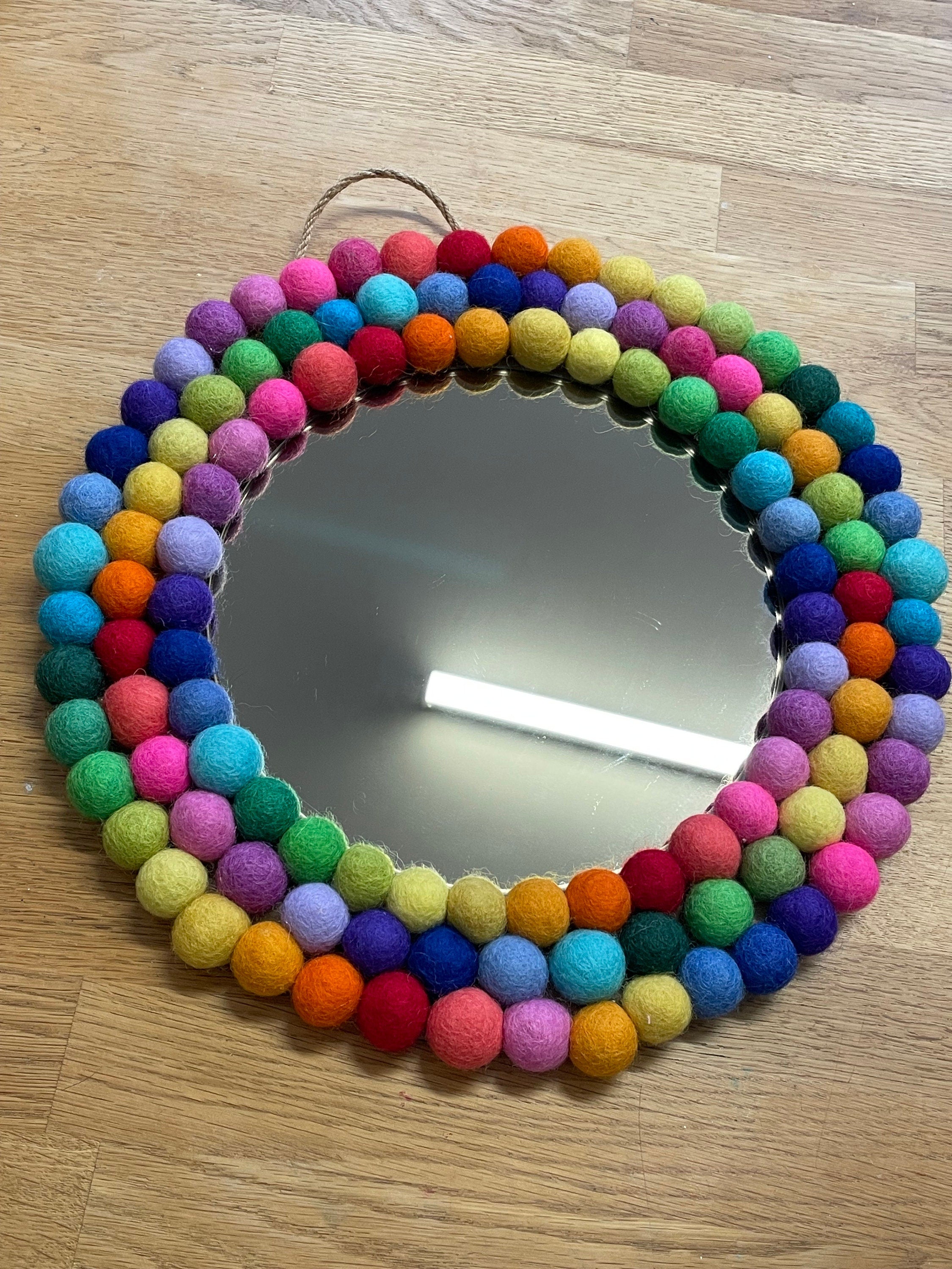 Medium Circular Hanging Pom Pom mirror, rainbow pom Poms, playroom decor.