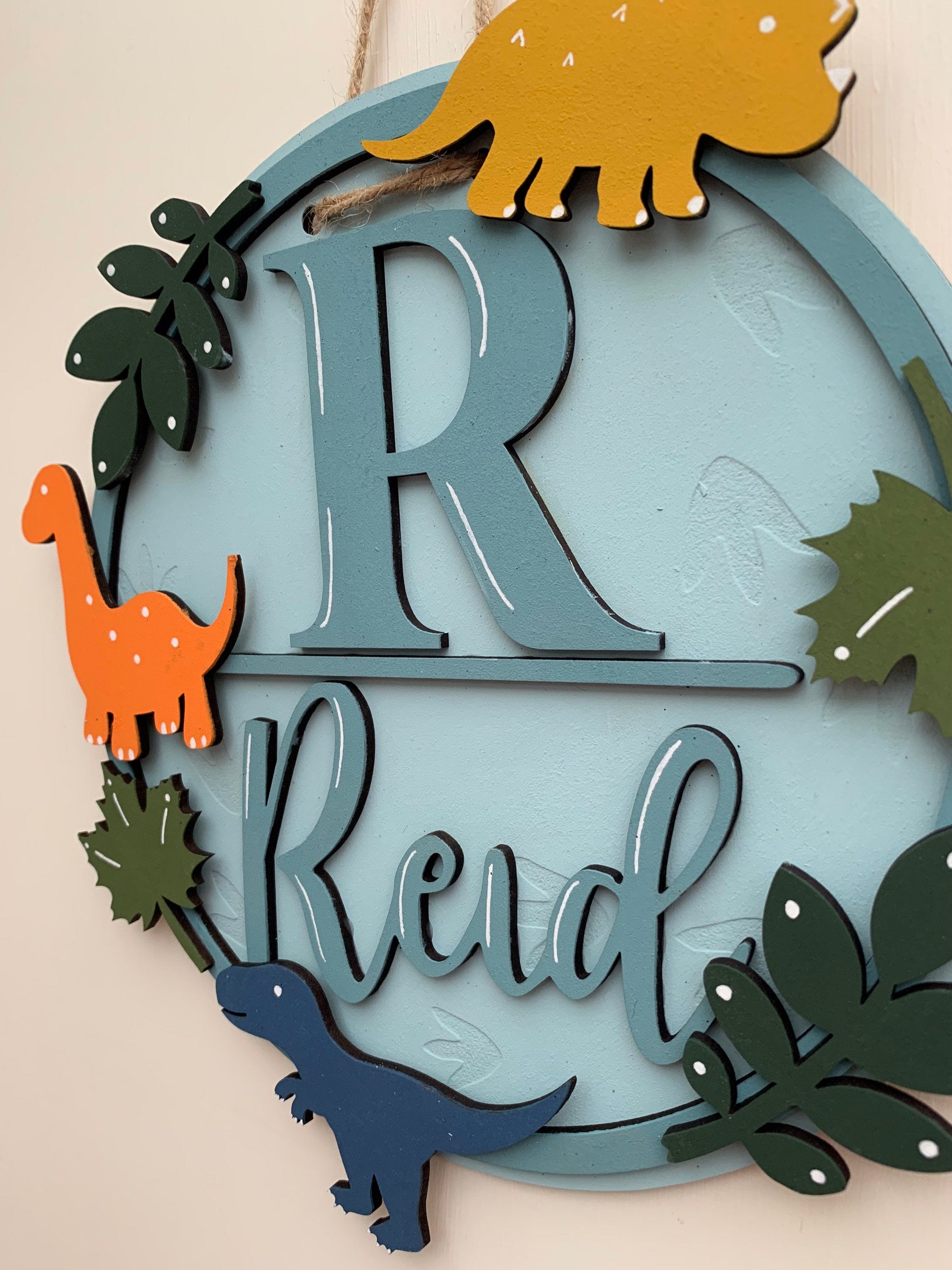 Dinosaur name plaque - Dino door sign - wooden plaque - wall sign.