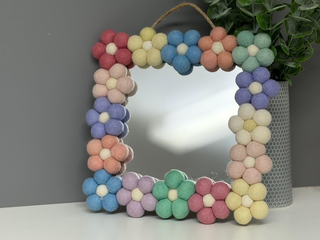 Pom Pom flower Wall Mirror, Wool Felt rainbow Pom Poms, Nursery Decor, square mirror.