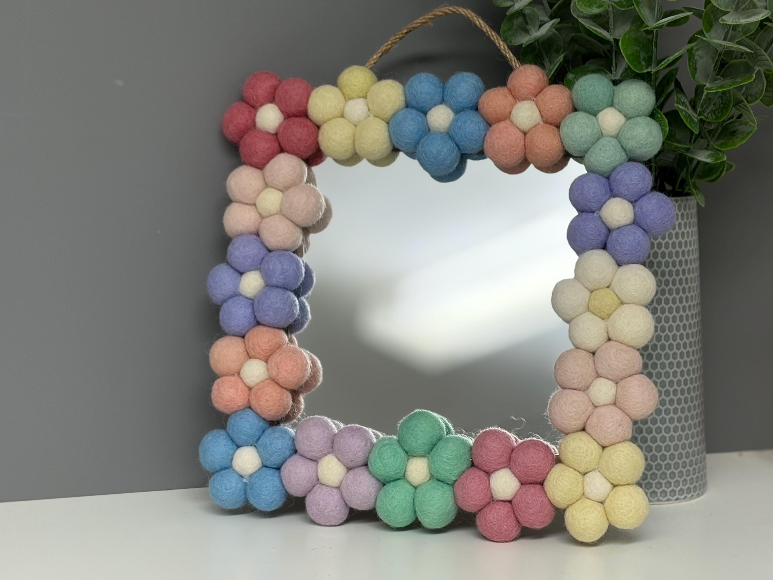 Pom Pom flower Wall Mirror, Wool Felt rainbow Pom Poms, Nursery Decor, square mirror.
