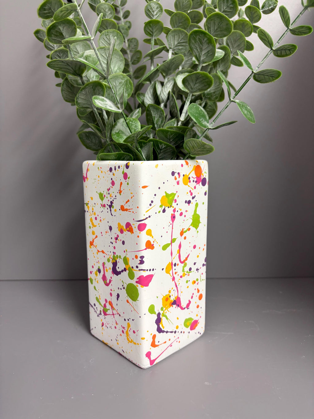 Hand painted ceramic splatter vase, bright coloured vase.