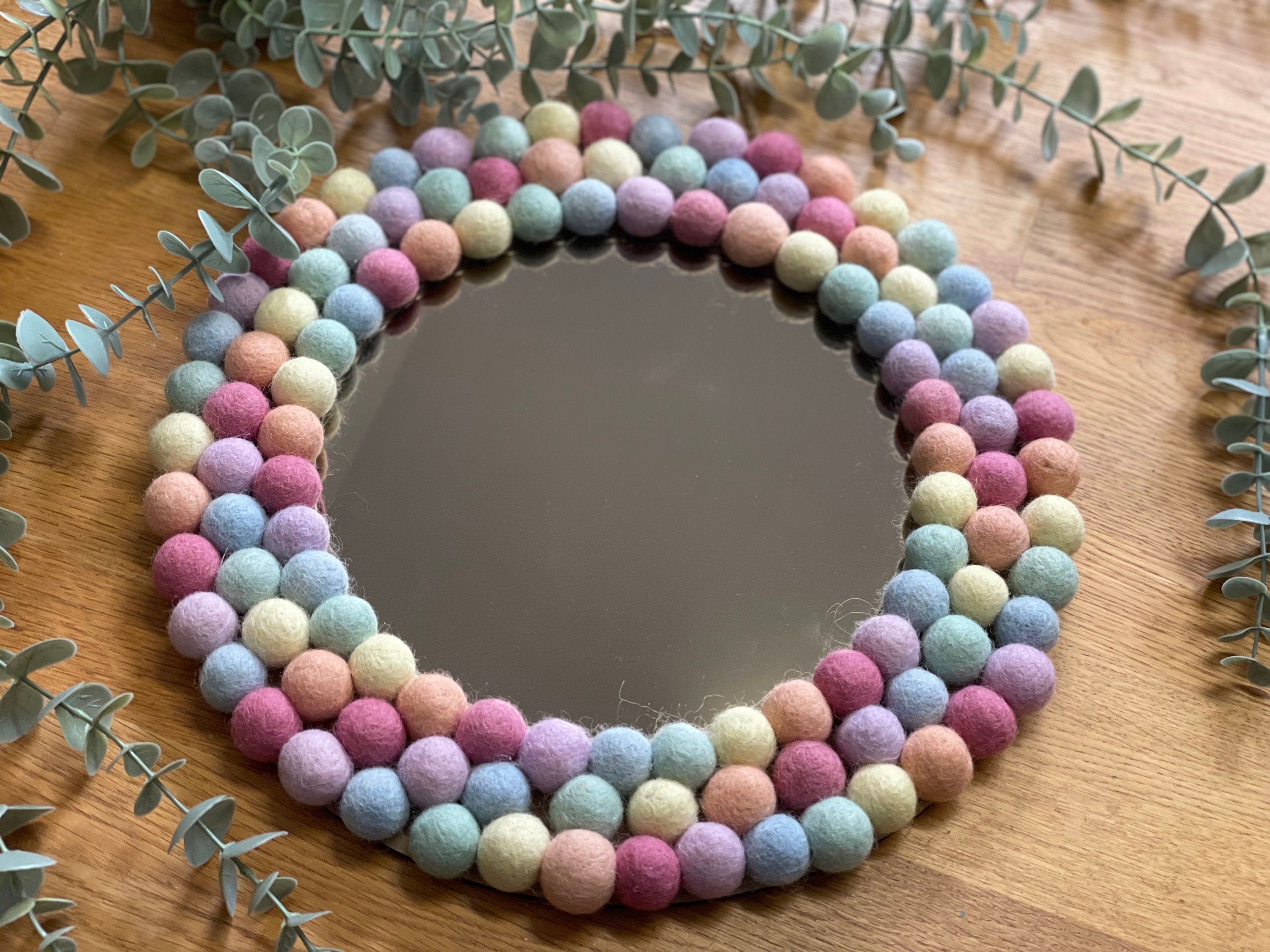 Medium Circular Hanging Pom pom mirror, pastel rainbow Pom Poms, playroom, nursery decor