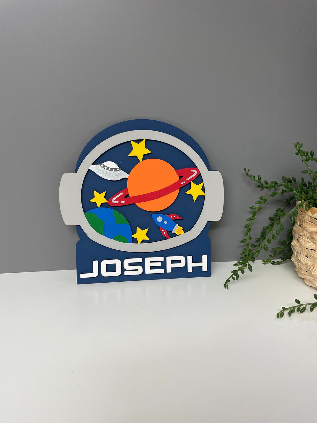 Astronaut name plaque - space theme bedroom decor - space name plaque - planets - wooden door sign