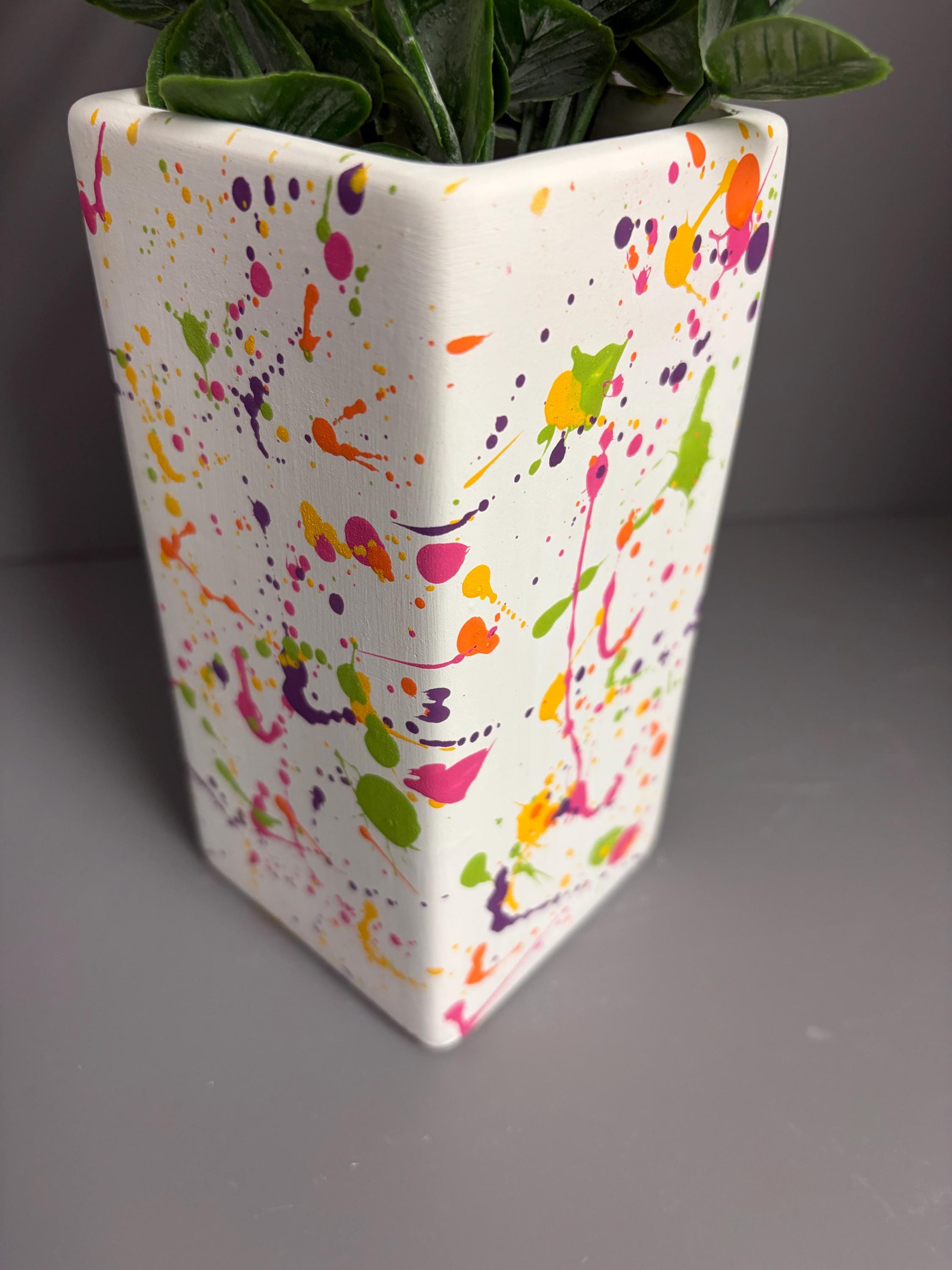 Hand painted ceramic splatter vase, bright coloured vase.