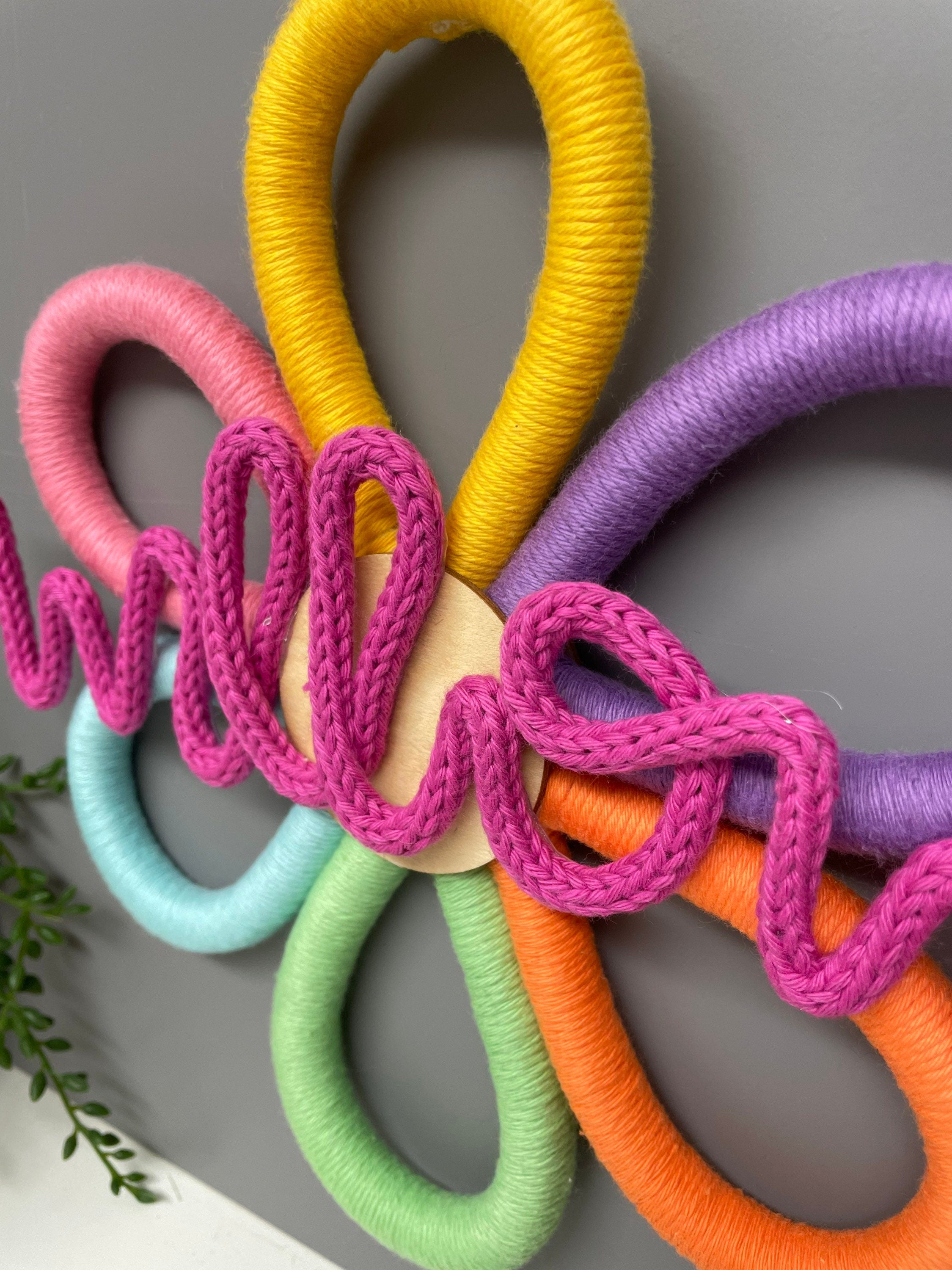 Personalised Macrame Flower Name Sign with knitted wire name - Nursery Wall Decor