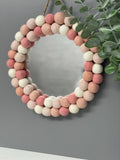 Pom Pom Wall Mirror, Pink & White Wool Felt Nursery Decor, circular mirror
