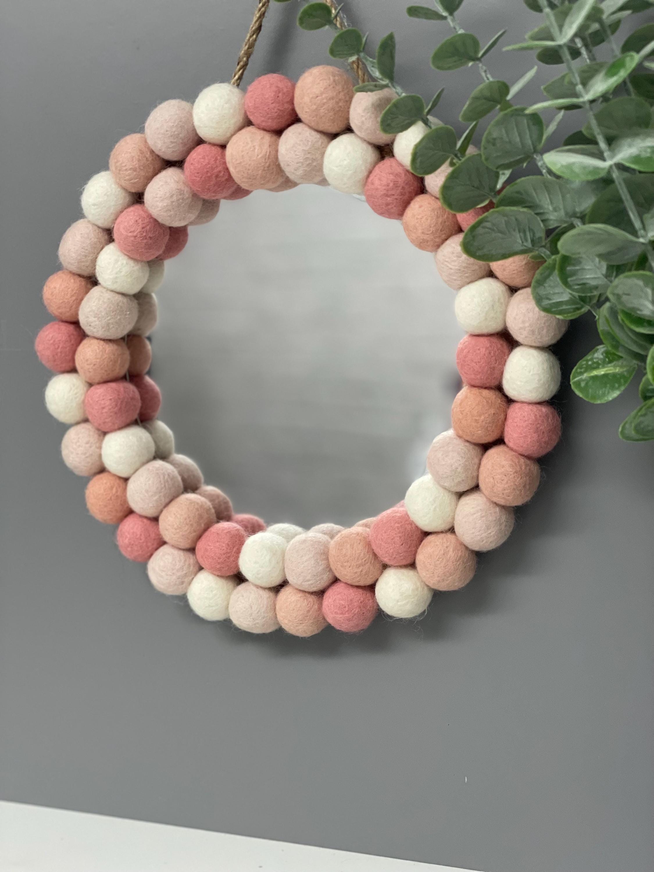 Pom Pom Wall Mirror, Pink & White Wool Felt Nursery Decor, circular mirror