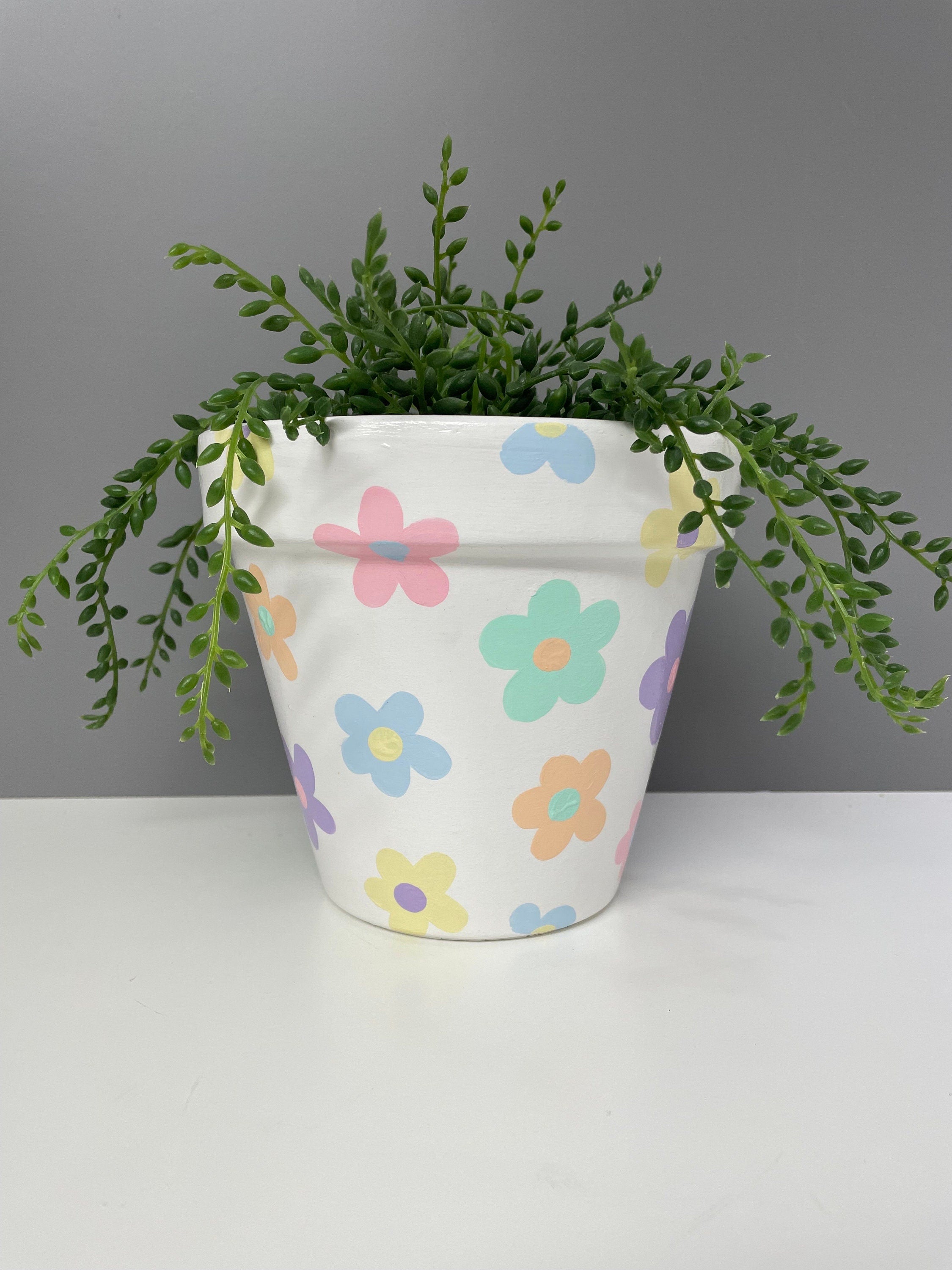 Handpainted terracotta plant pot for house plants, pastel coloured flowers.