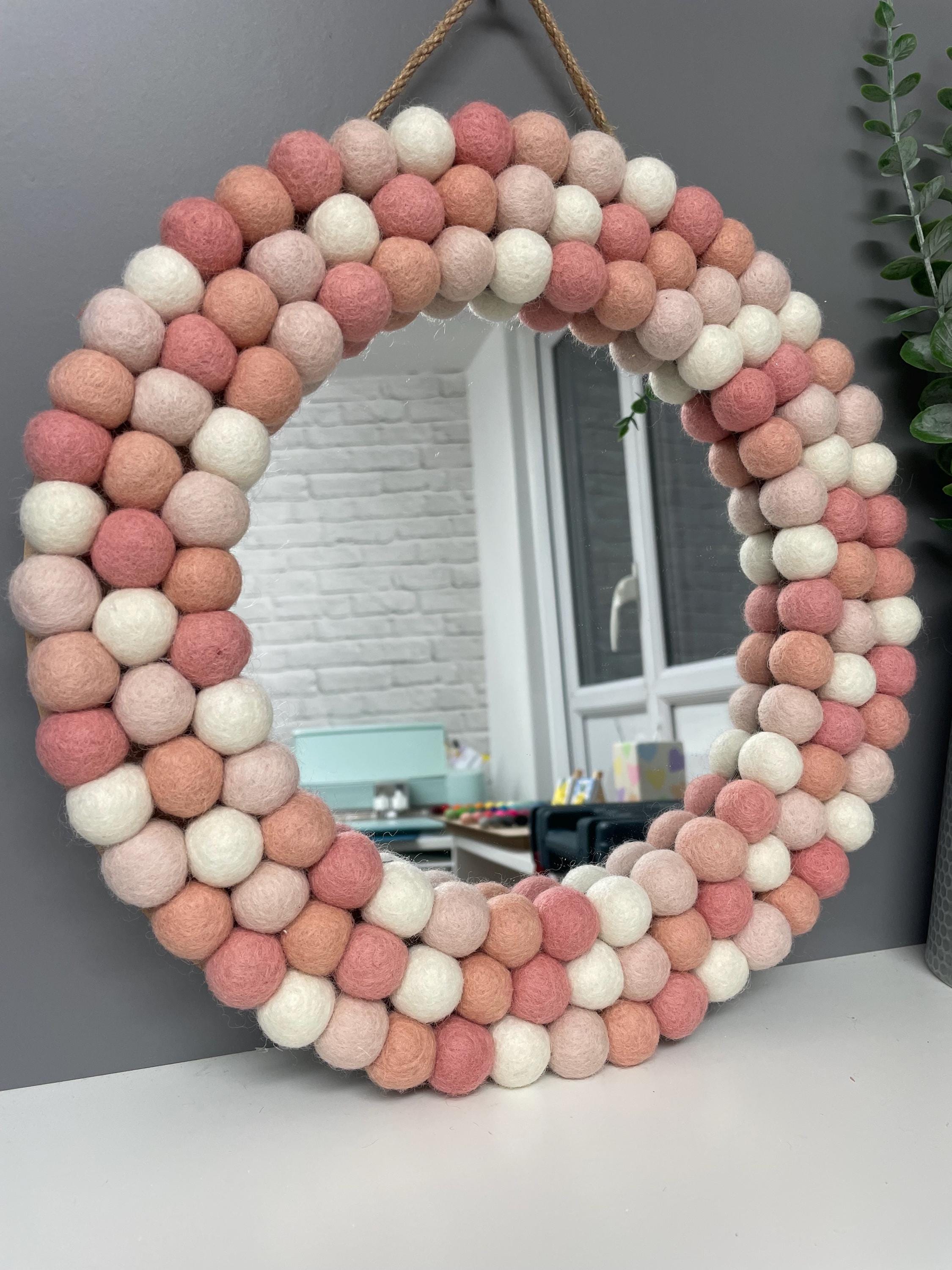 Wool Felt Pom Pom Mirror, Pink & Cream Nursery Decor, circular wall mirror