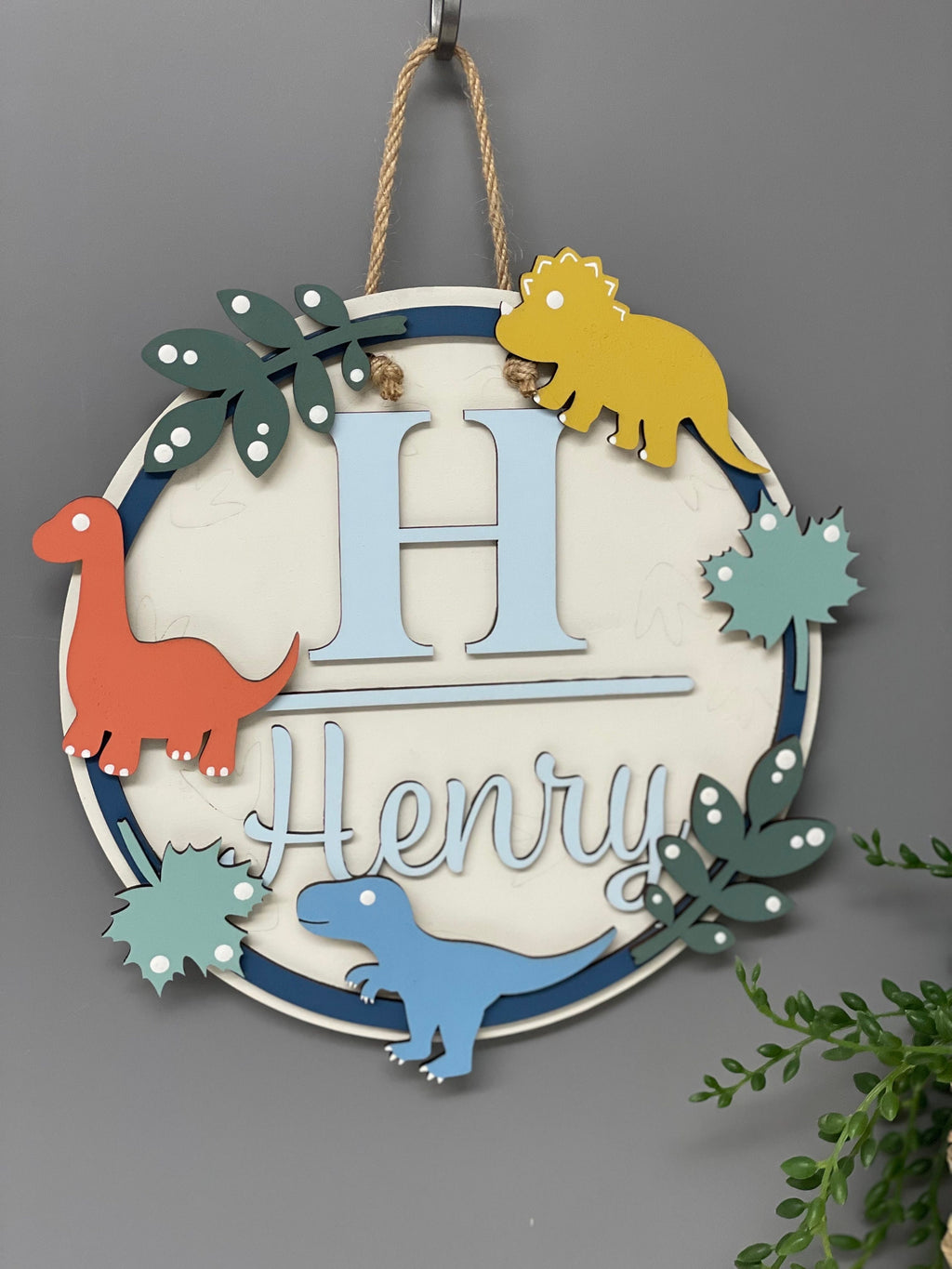 Dinosaur name plaque - Dino door sign - wooden plaque - wall sign.