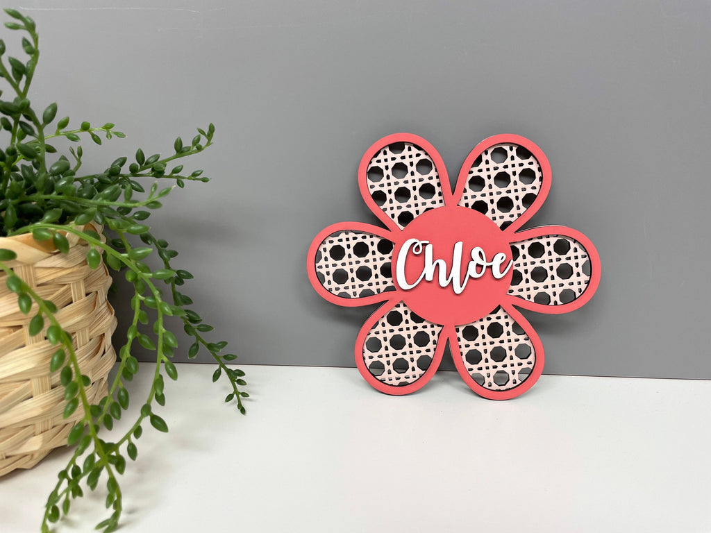 Rattan style wall flower - personalised wall decor - name flower - nursery decor - childrens door sign - flower name plaque