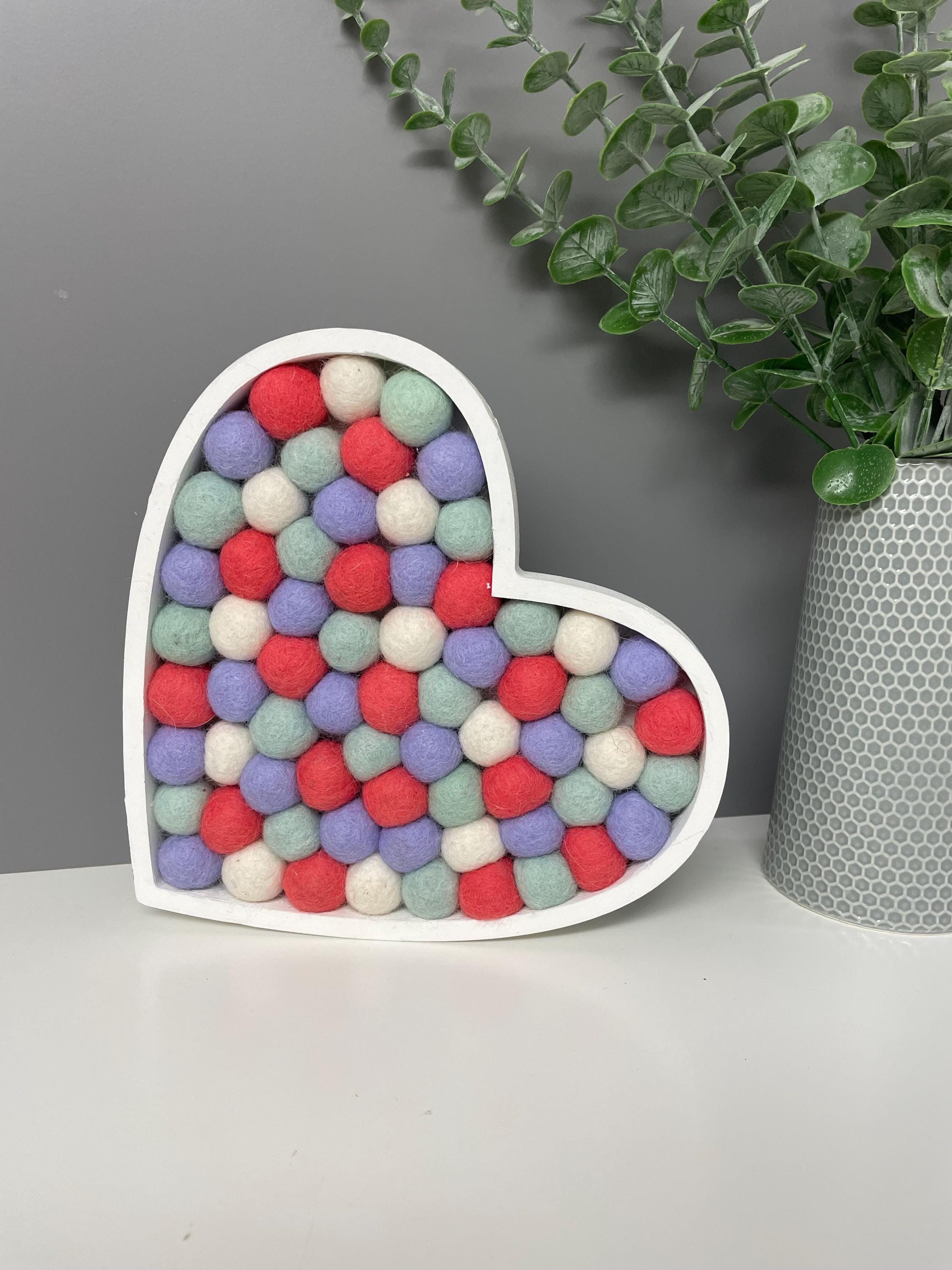 Wool felt Pom Pom heart, fillable heart, wooden heart, nursery decor, Pom Pom decor, rainbow pom Poms