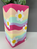 Flower, smiley face hand painted pastel coloured waves ceramic vase