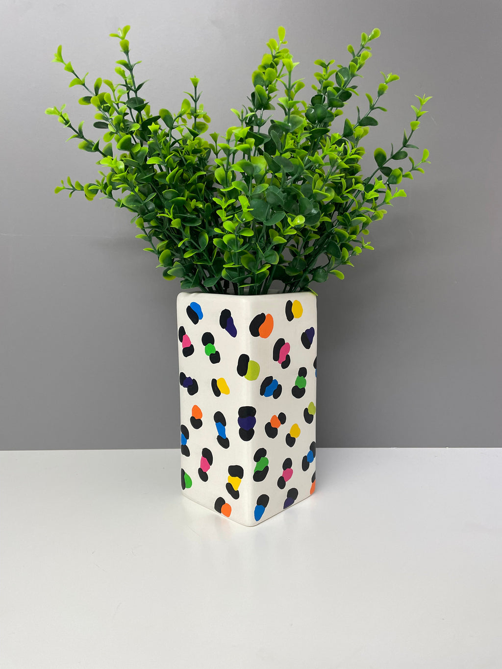 Hand painted rainbow leopard print ceramic vase