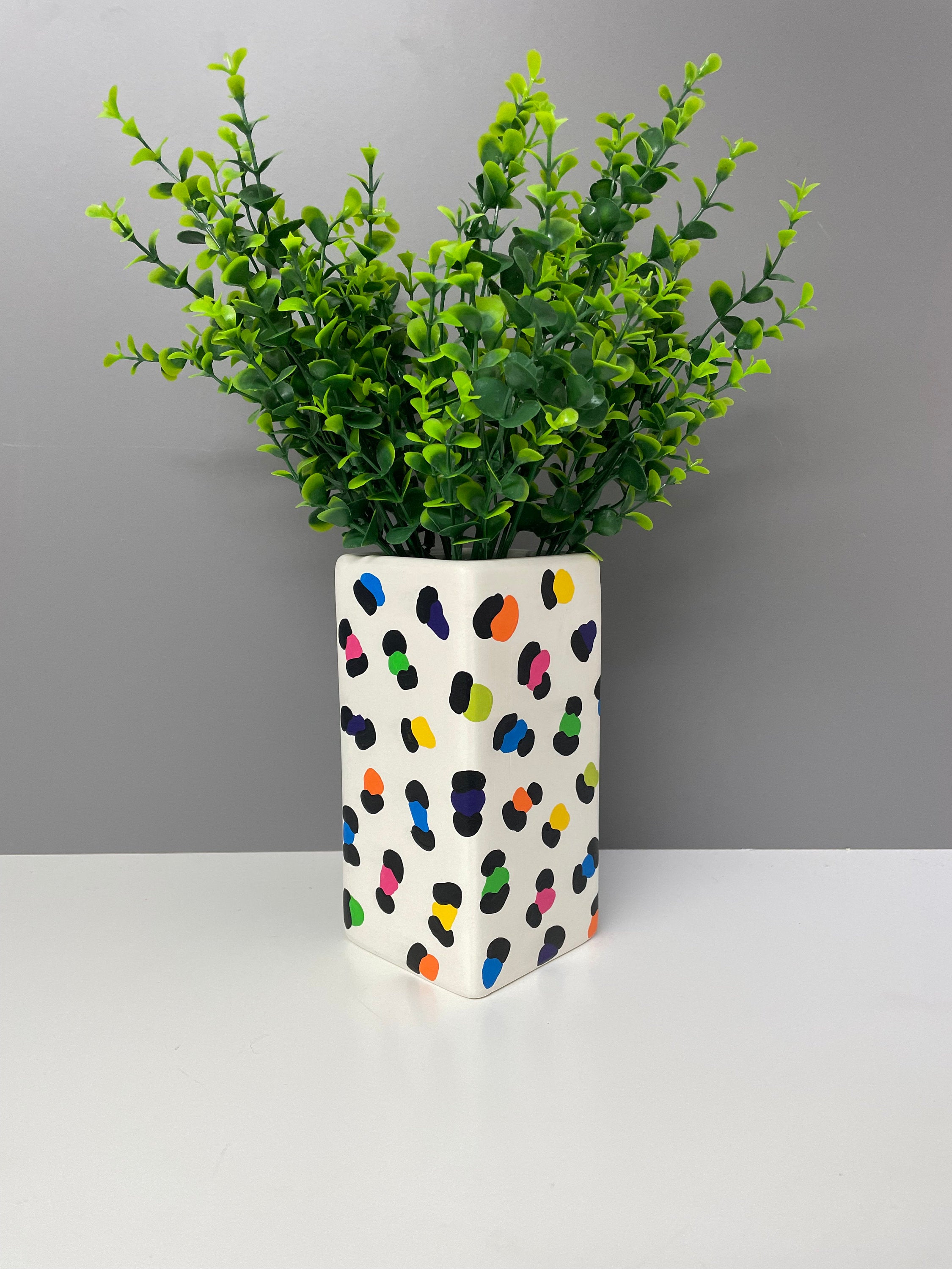 Hand painted rainbow leopard print ceramic vase