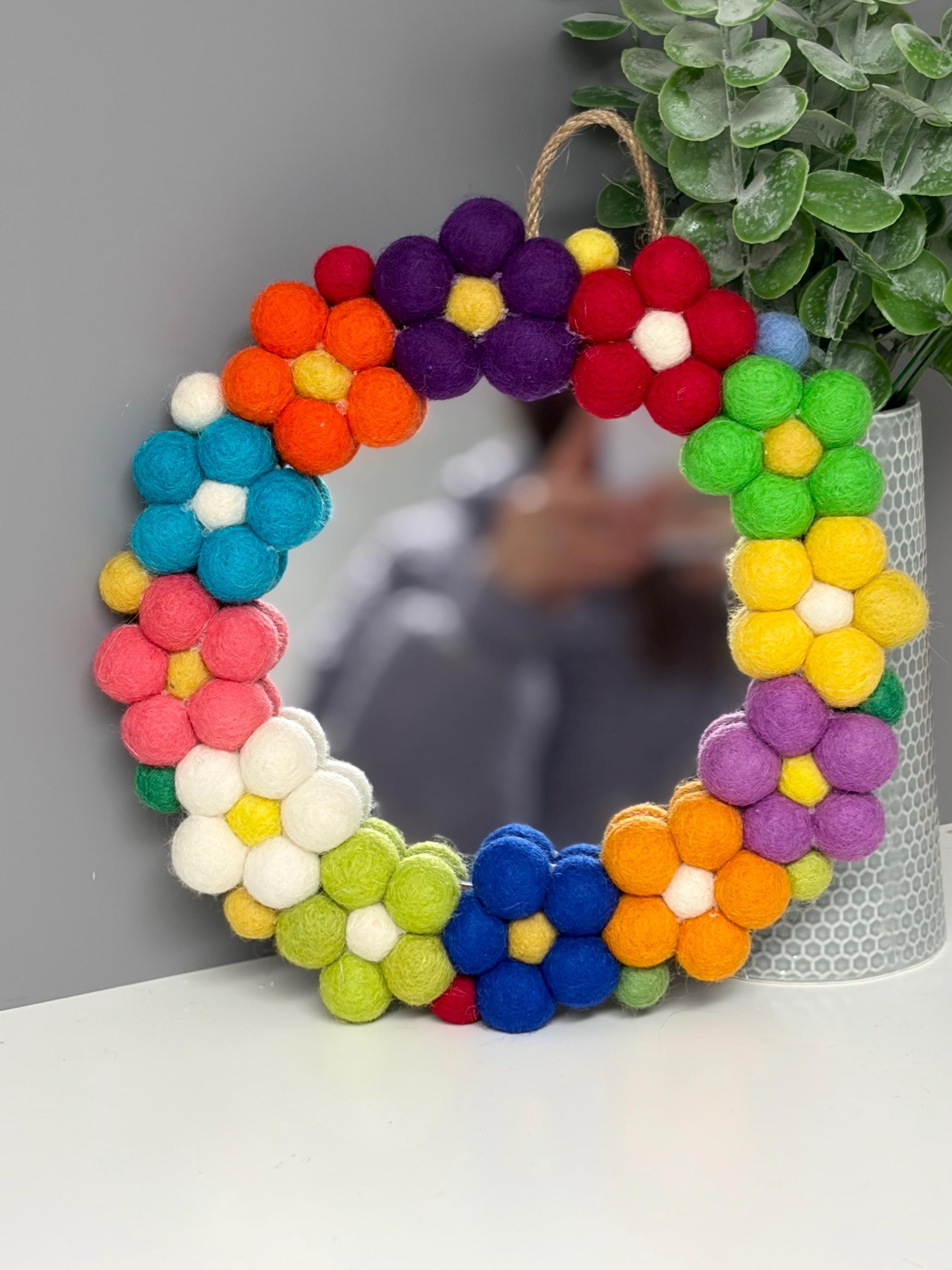 Pom Pom flower Wall Mirror, Wool Felt rainbow Pom Poms, Nursery Decor, circular mirror.