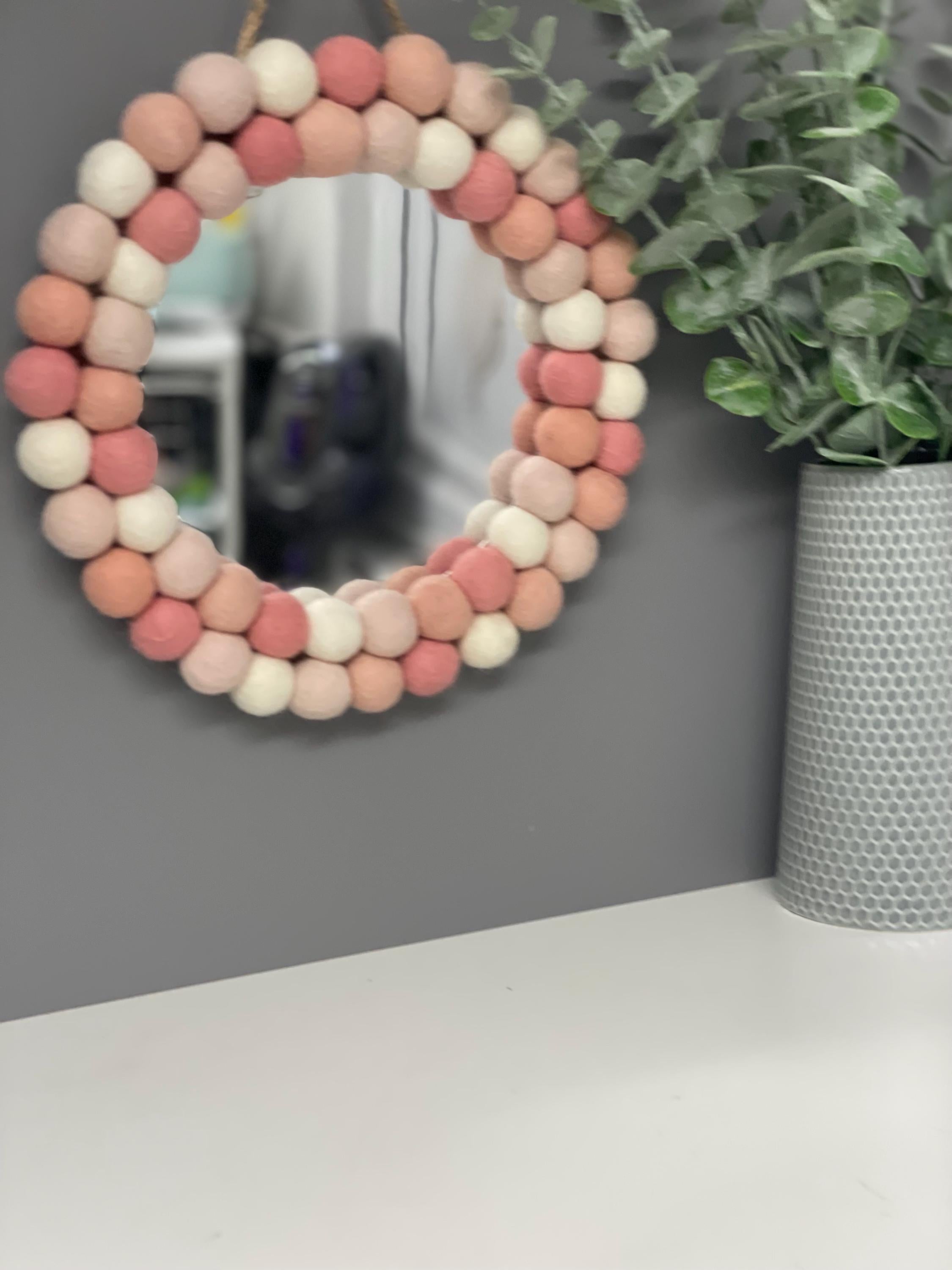 Pom Pom Wall Mirror, Pink & White Wool Felt Nursery Decor, circular mirror