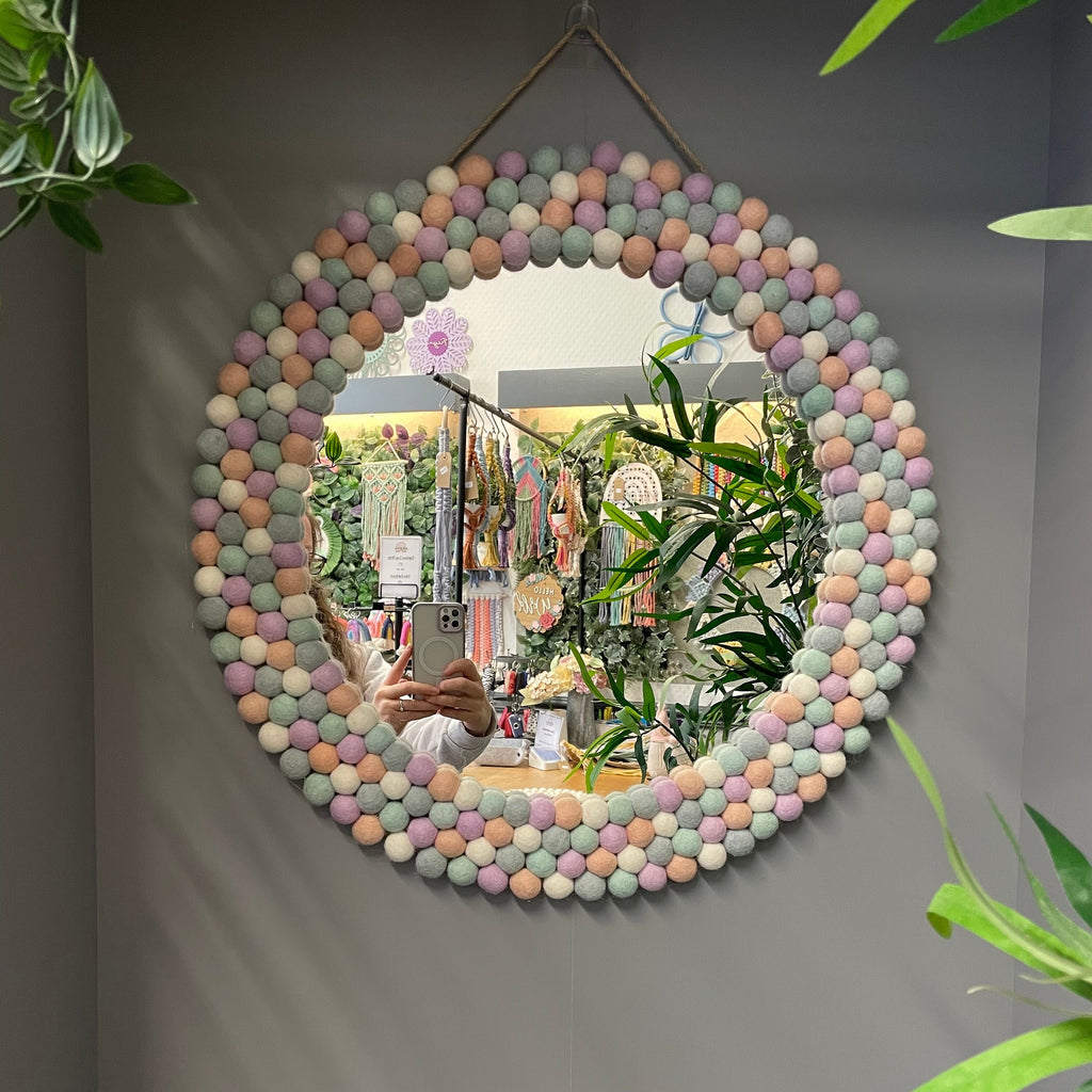 Large Circular Hanging Pom Pom mirror, rainbow pom Poms, playroom decor, nursery.