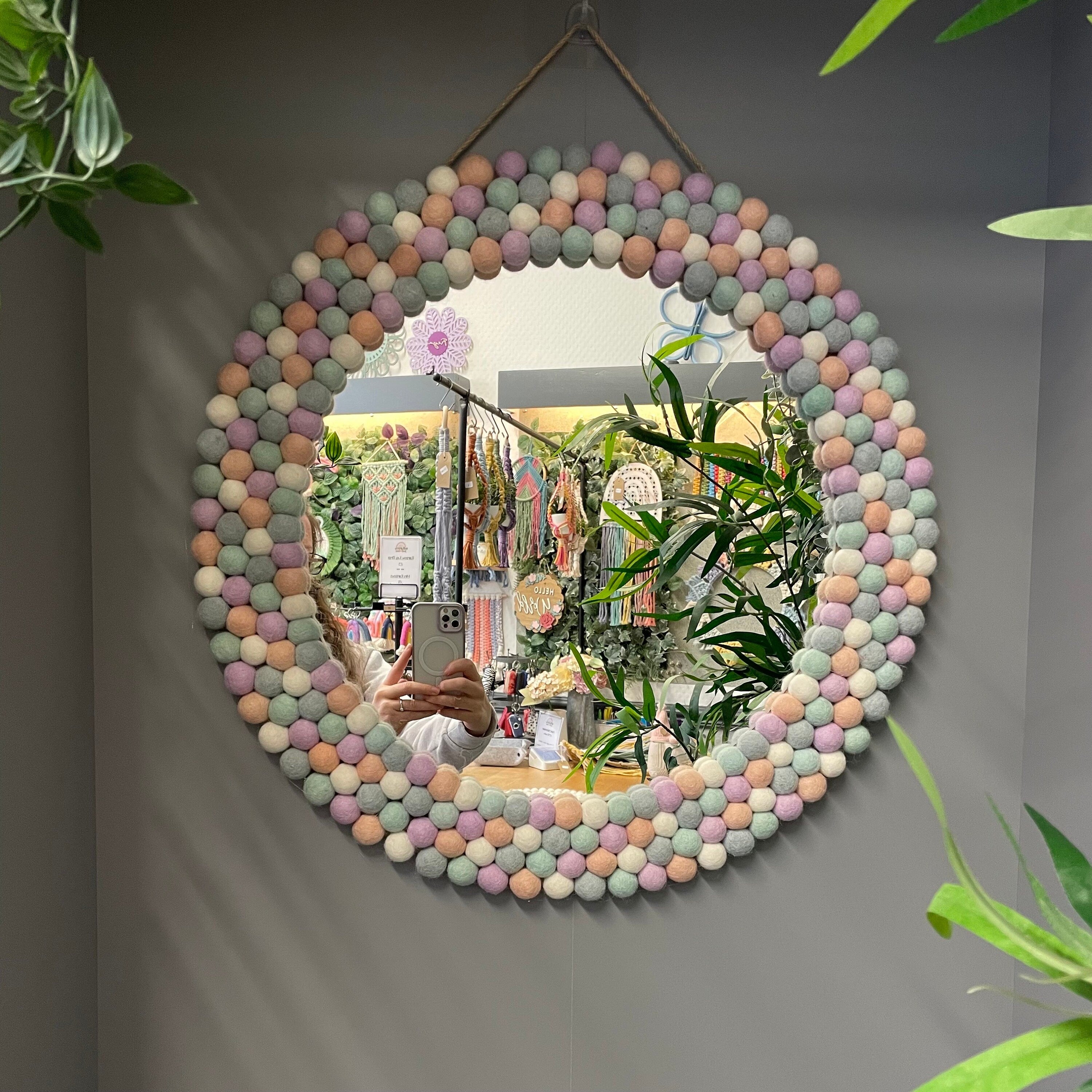 Large Circular Hanging Pom Pom mirror, rainbow pom Poms, playroom decor, nursery.