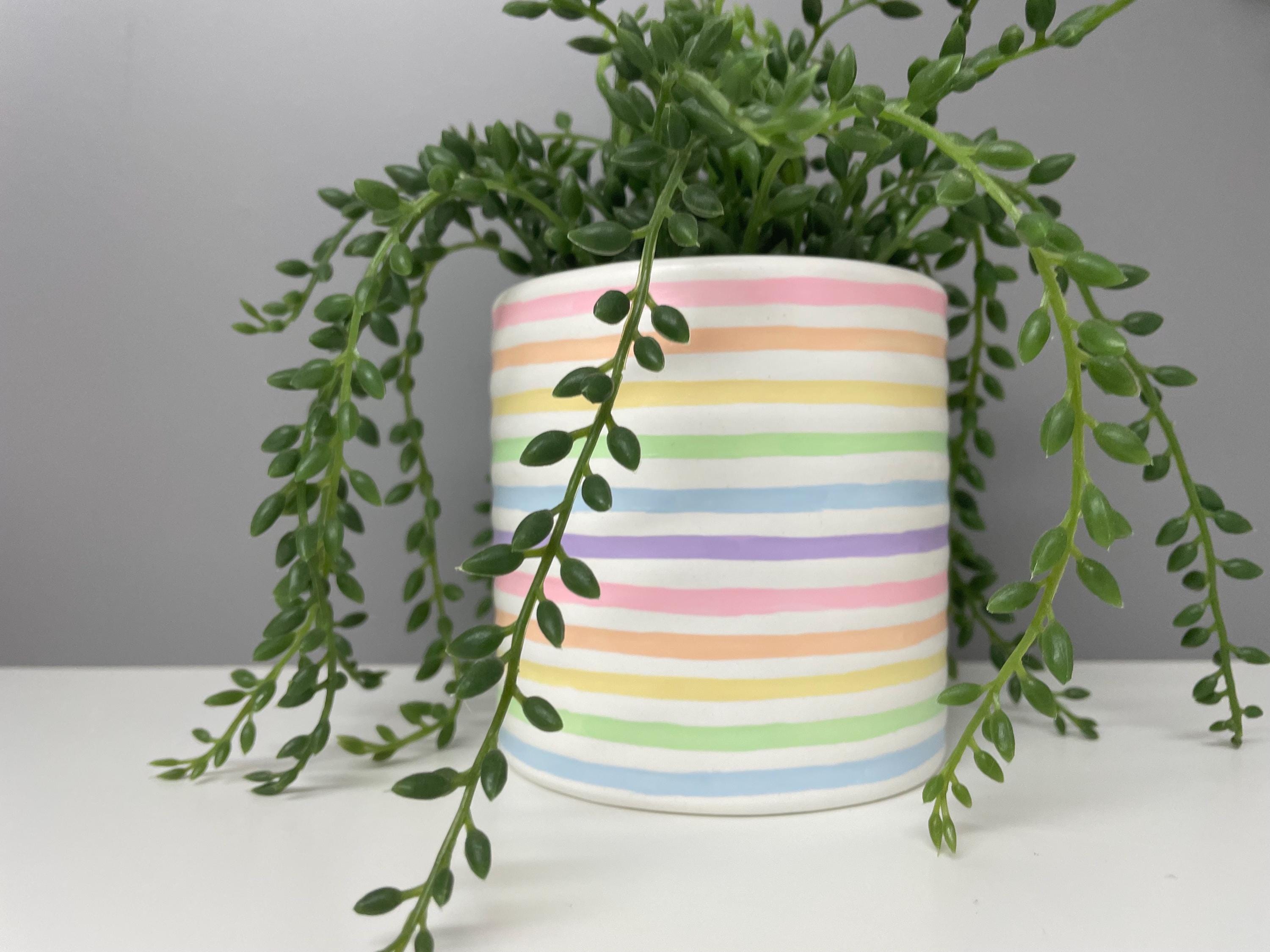 Hand Painted Ceramic Plant Pot, Pastel Rainbow Stripe Design.