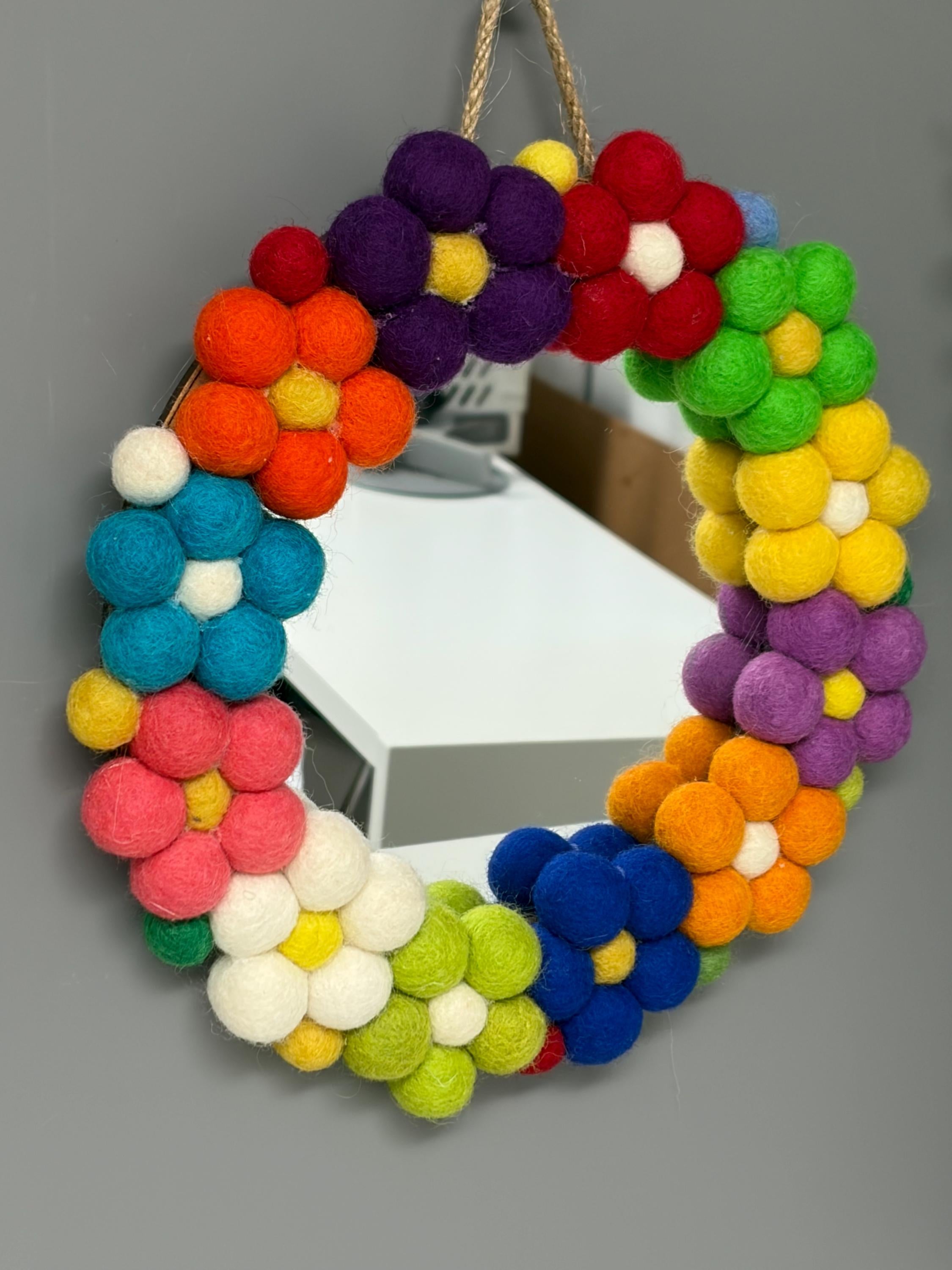 Pom Pom flower Wall Mirror, Wool Felt rainbow Pom Poms, Nursery Decor, circular mirror.