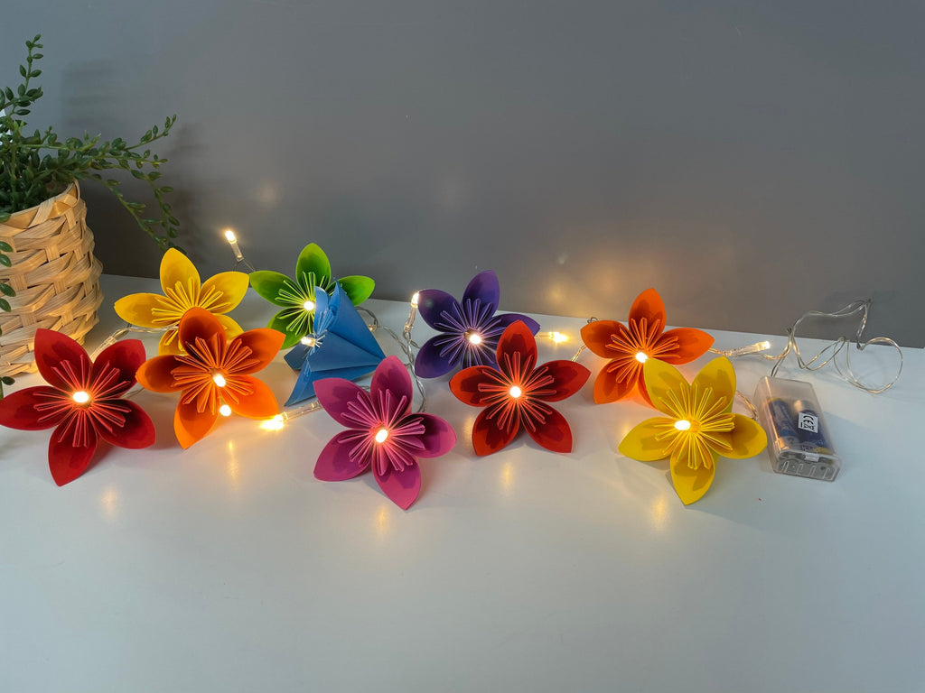 Bright rainbow paper flower fairy light, table decor, fire-mantle fairy lights, wedding decor, table decor, party
