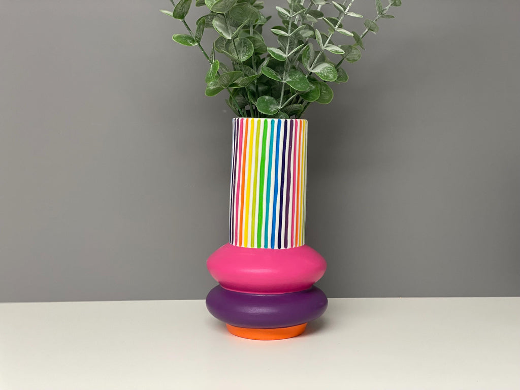 Handpainted Ceramic Vase: Rainbow Stripe Flower Vase