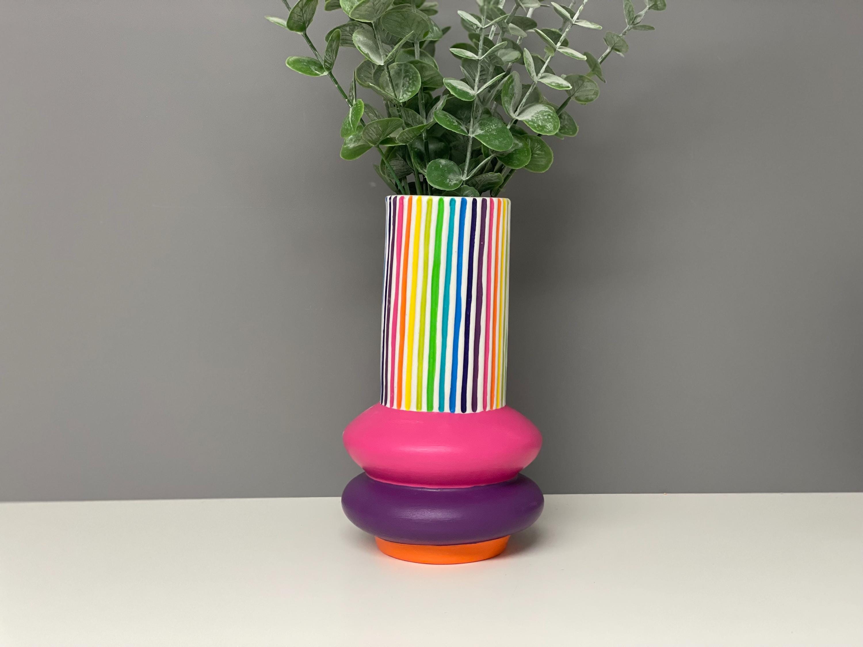Handpainted Ceramic Vase: Rainbow Stripe Flower Vase