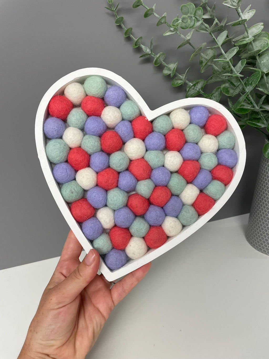Wool felt Pom Pom heart, fillable heart, wooden heart, nursery decor, Pom Pom decor, rainbow pom Poms