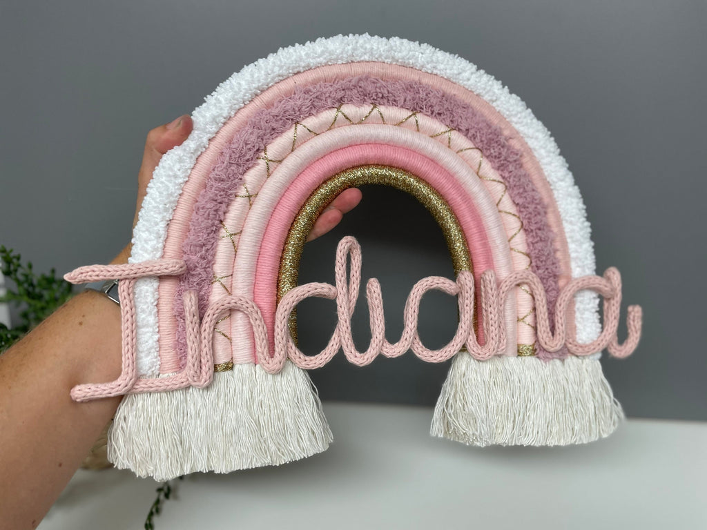 Personalised macrame rainbow with knitted wire name - nursery decor - new baby gift - home decor - rainbow wall hanging - knitted wire words