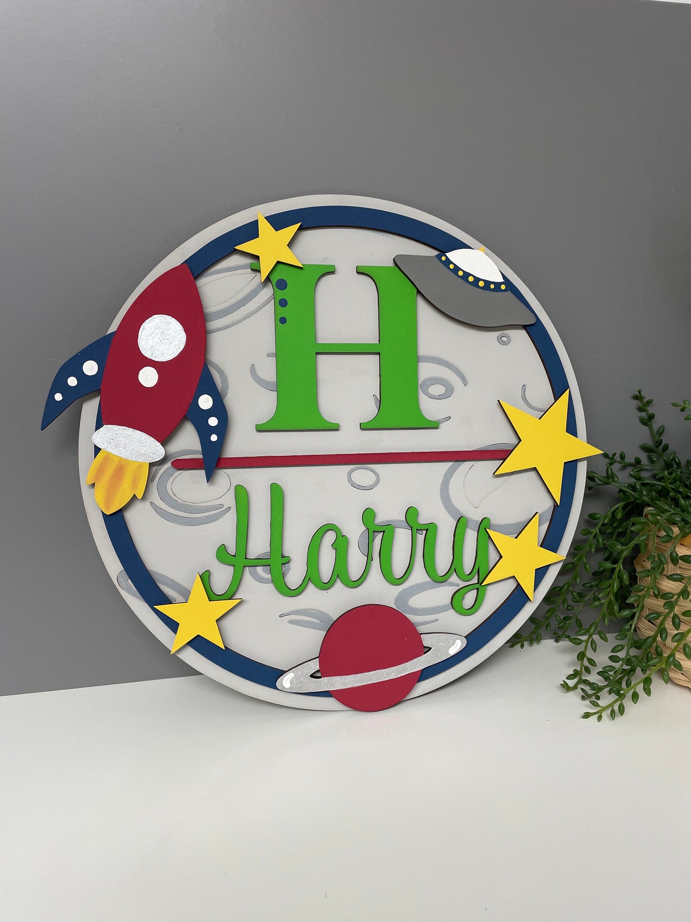 Space themed name plaque - wooden rocket sign - personalised name sign