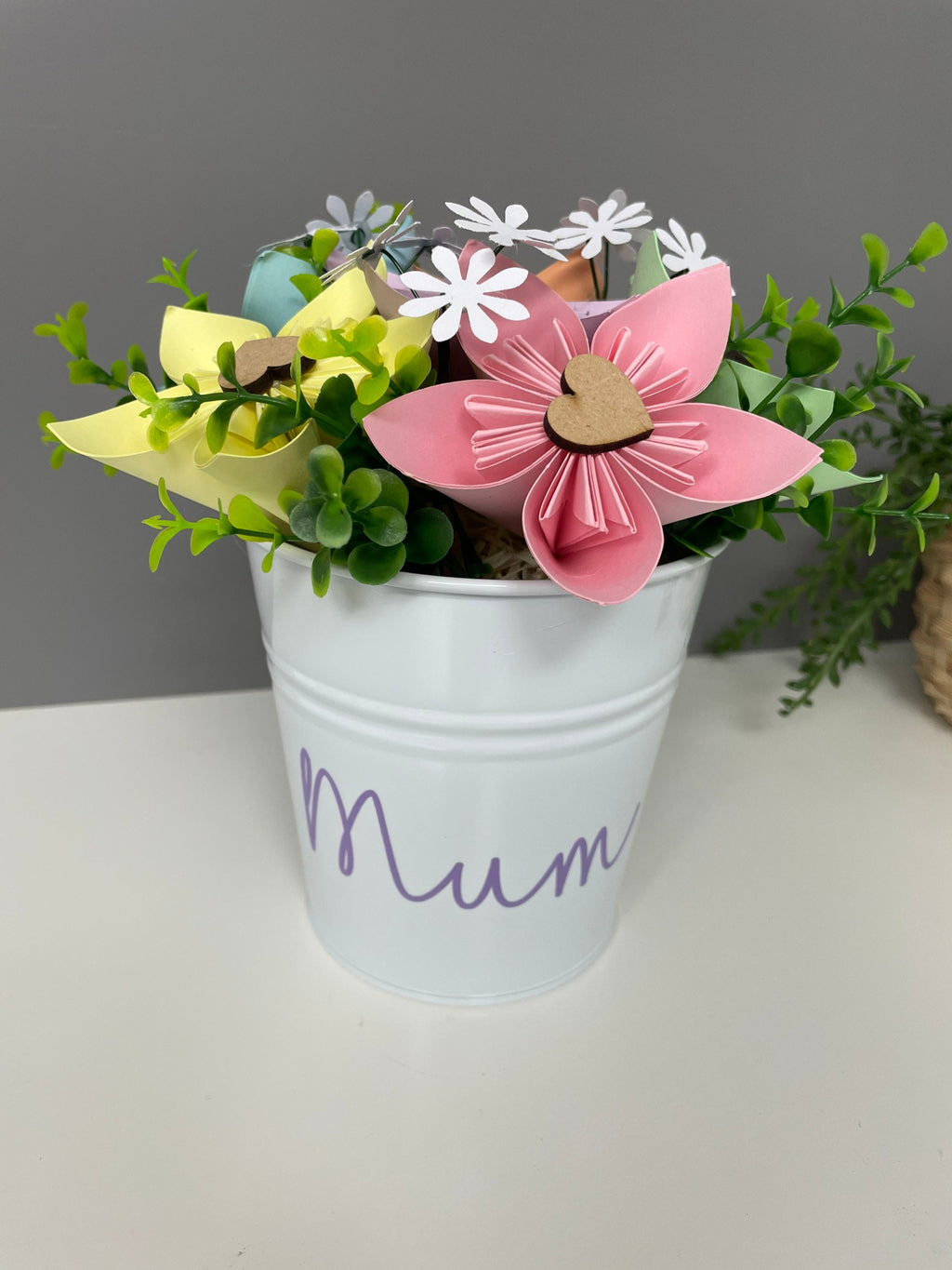 Paper flower pot, pastel paper flowers, Mother’s Day, table decorations, valentines.