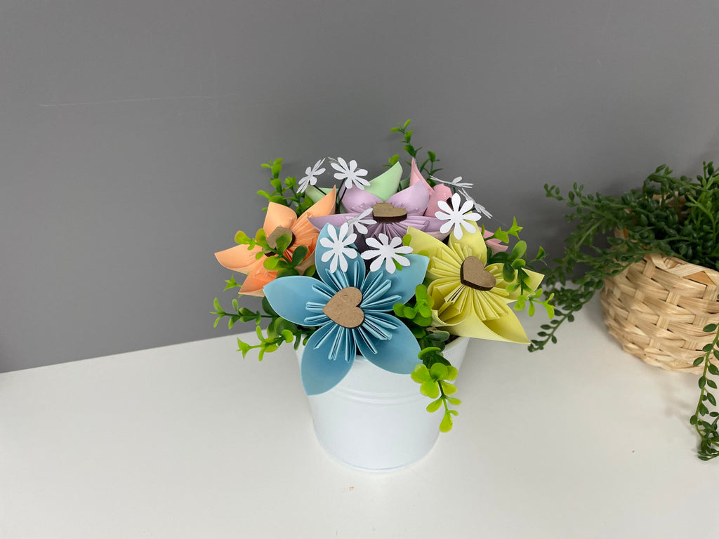 Paper flower pot, pastel paper flowers, Mother’s Day, table decorations, valentines.