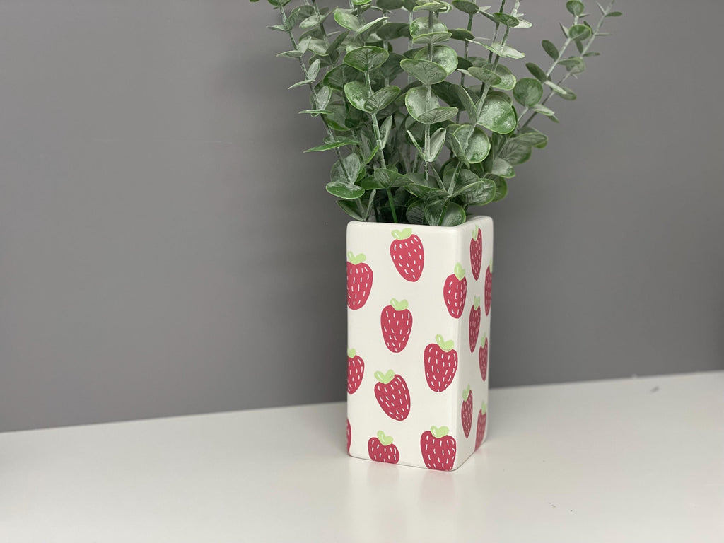 Hand painted strawberry ceramic vase