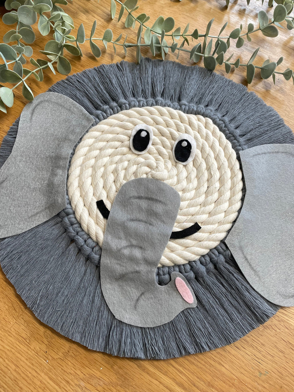 Elephant macrame rope face, jungle theme decor, nursery decor, childrens bedroom, playroom, wall hanging