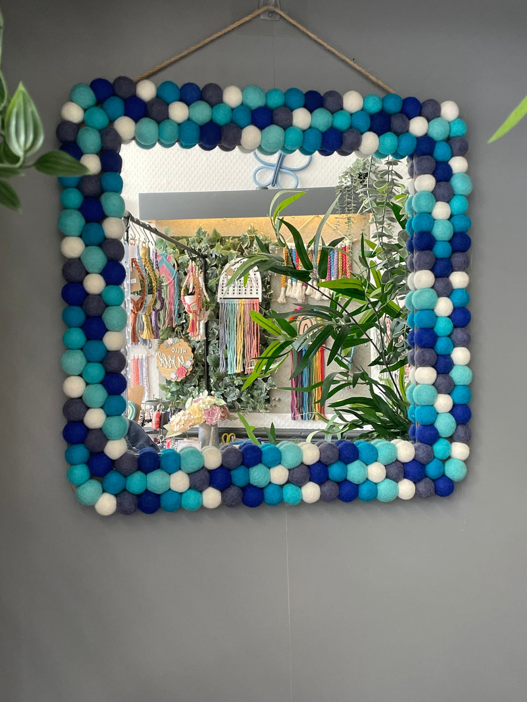 Square Pom Pom wall hanging mirror