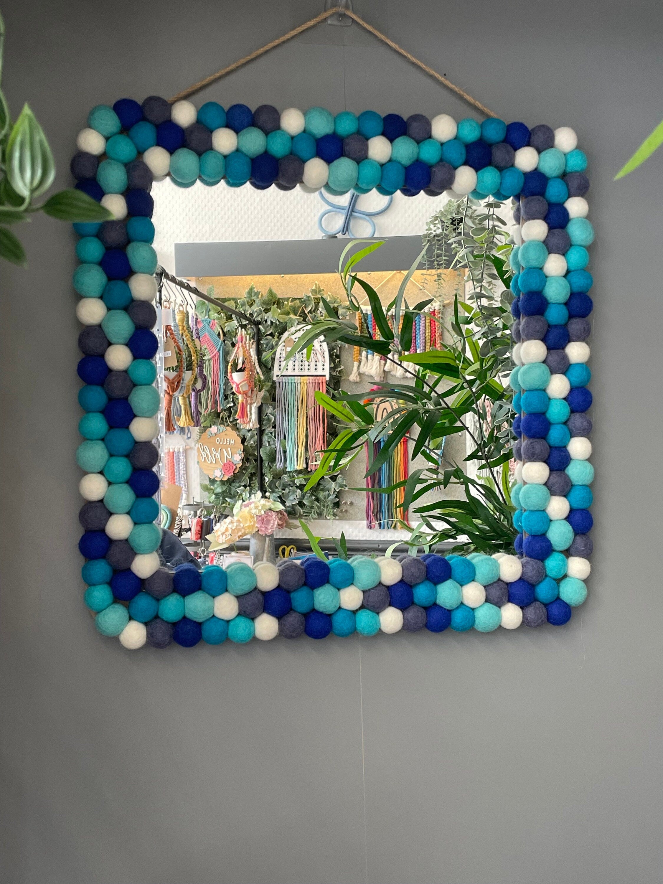 Square Pom Pom wall hanging mirror